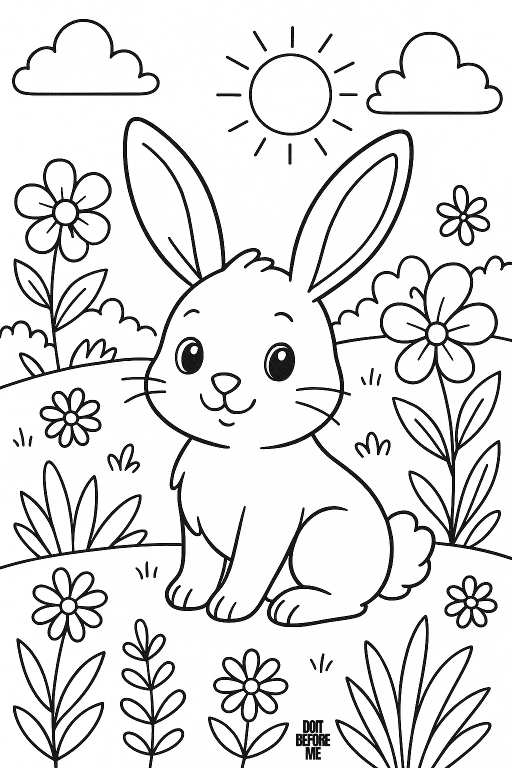 Adorable bunny coloring page showing a rabbit watering a smiling flower in the sunshine, spring activity for kids.