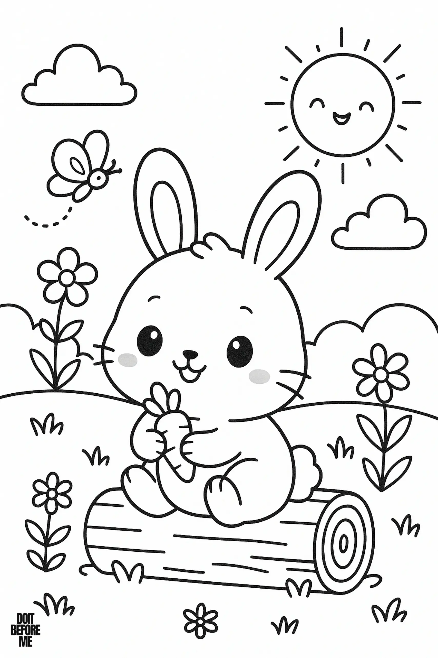 Coloring page of a cute bunny sitting on a log in a flower field, holding a small carrot with both paws, while a butterfly flies nearby and the smiling sun shines in the sky with fluffy clouds around, perfect printable activity for kids who enjoy nature scenes and animals.