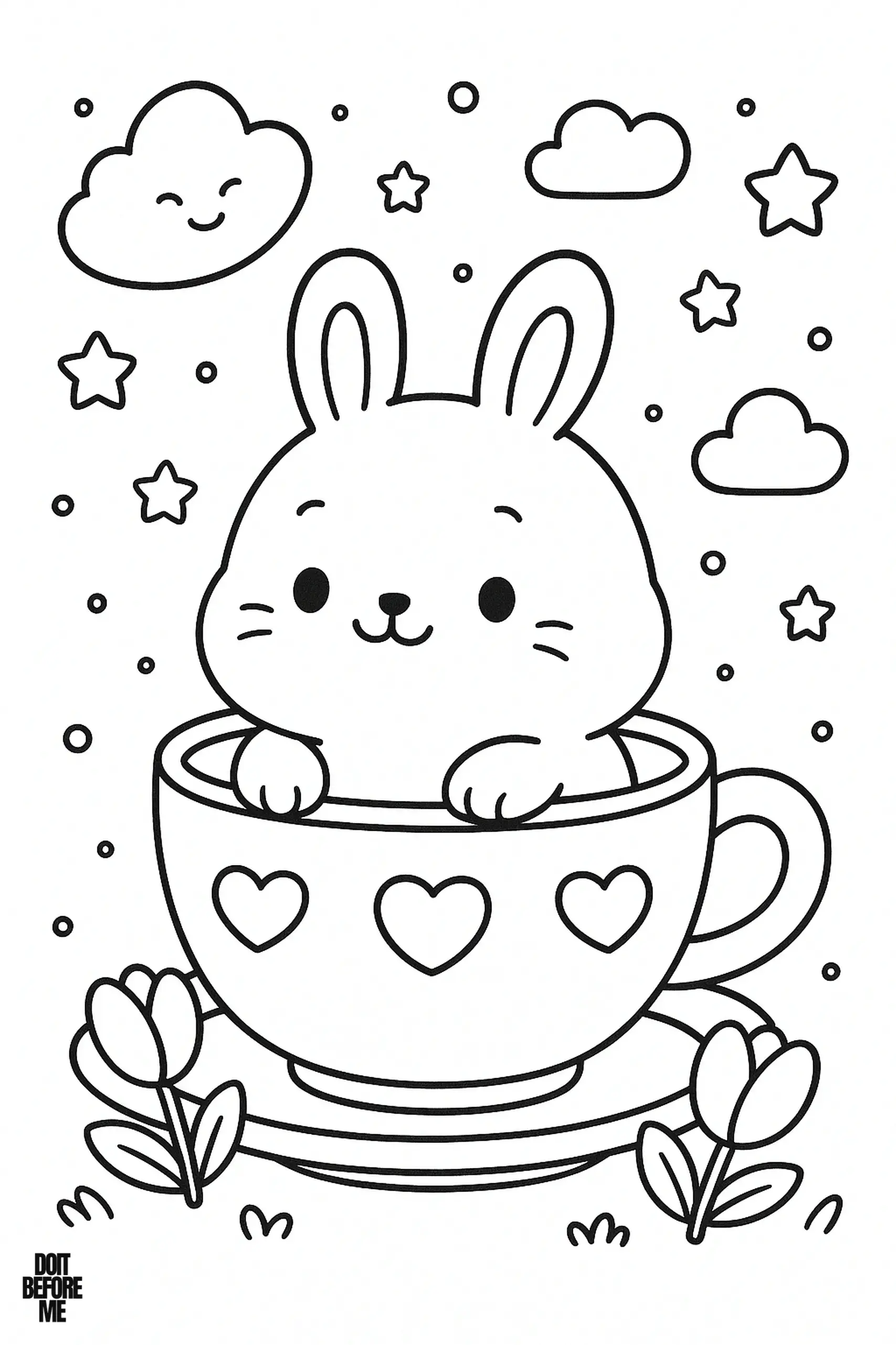 Cute coloring page of a bunny sitting inside a teacup decorated with hearts, surrounded by tulips, smiling clouds, and stars in the sky.