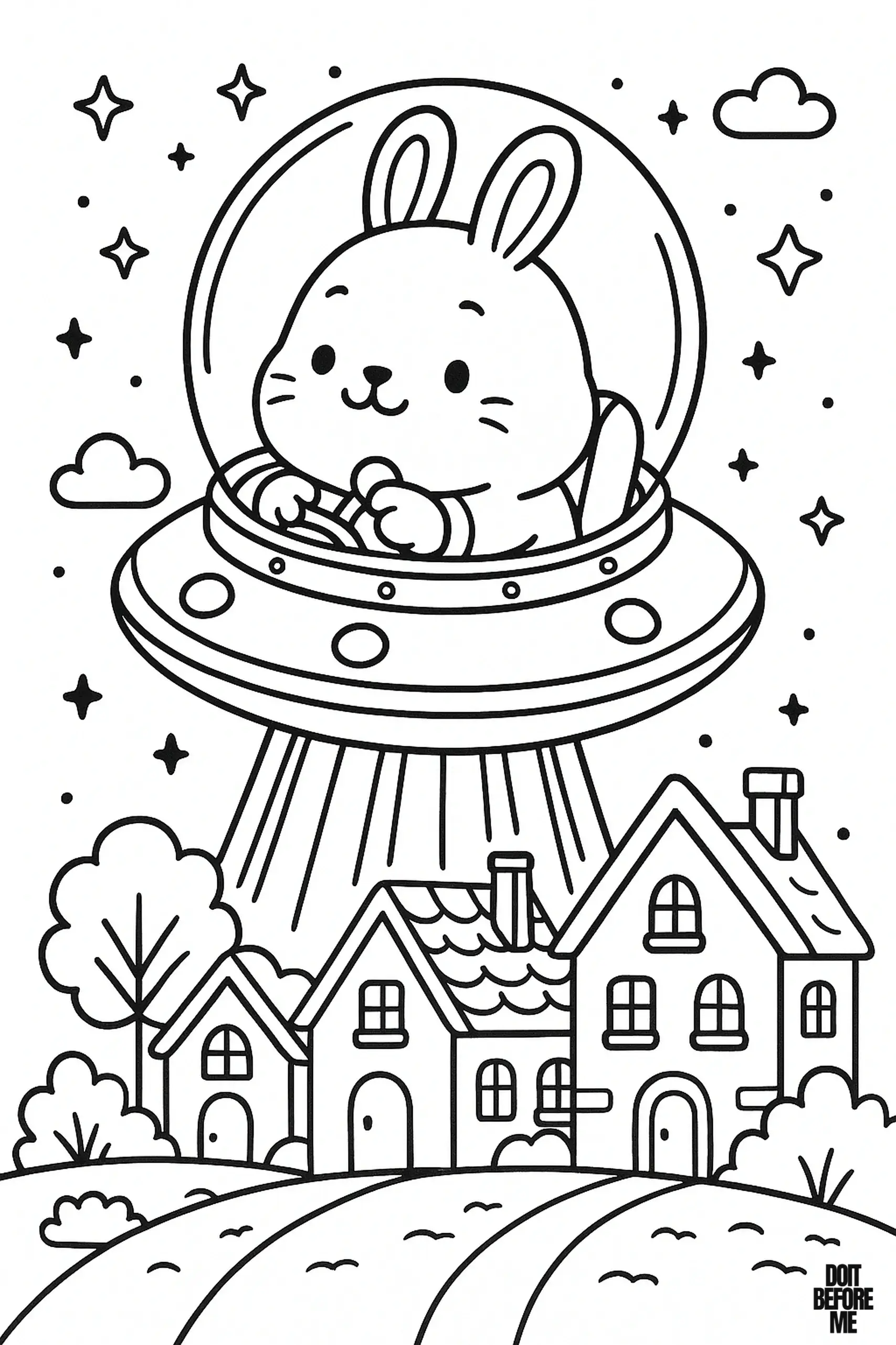 Coloring page showing a cute bunny inside a UFO spaceship hovering above a row of houses at night, with beams of light shining down, stars twinkling in the sky, and fluffy clouds in the background, designed as a fun printable activity for kids who love space and animals.