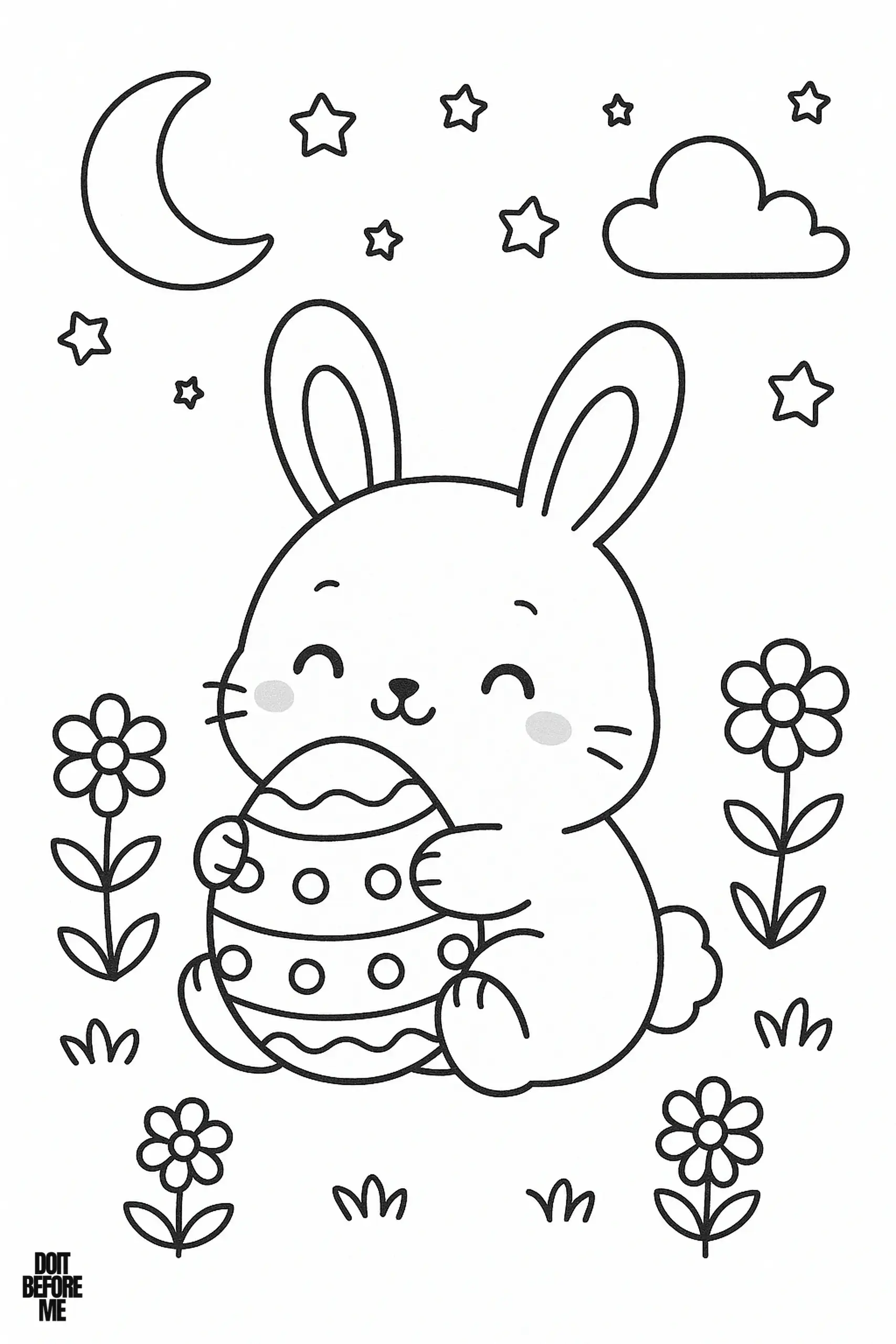 Cute Easter bunny coloring page showing a happy rabbit hugging a large decorated egg while sitting among spring flowers, with the moon, stars, and clouds in the night sky, printable activity for children.