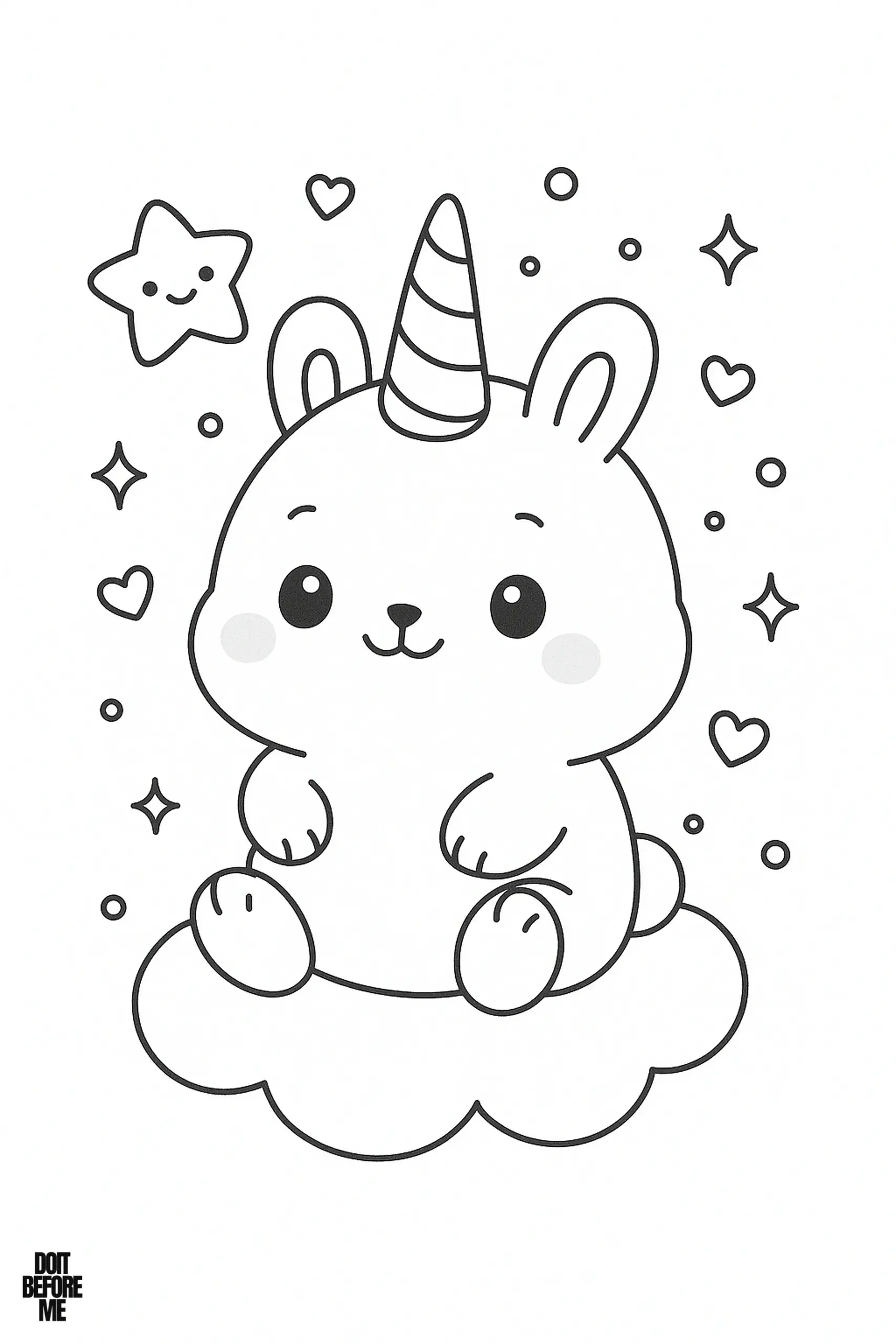 Printable coloring page of a kawaii unicorn bunny with a spiral horn sitting on a fluffy cloud, surrounded by stars, sparkles, and hearts.