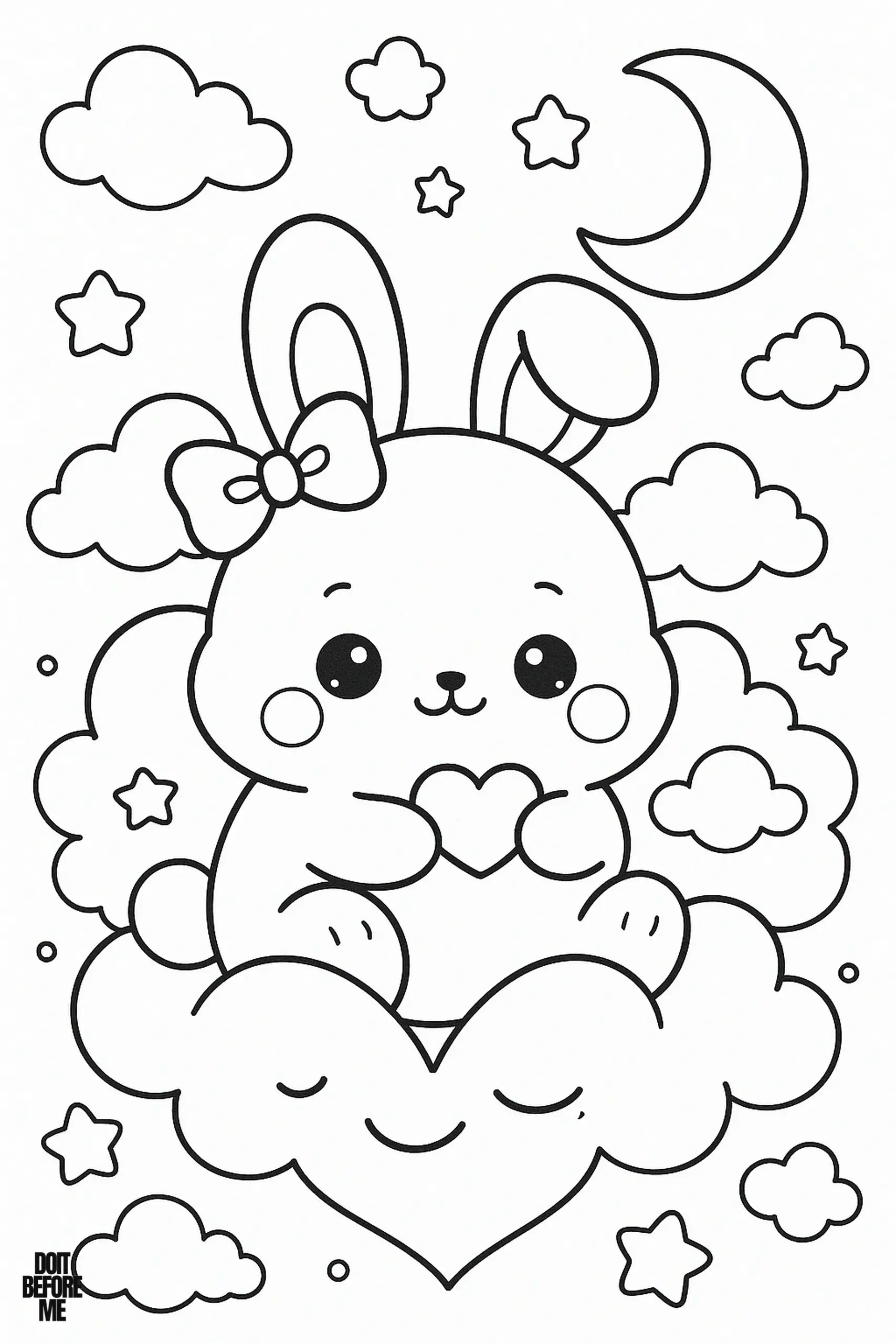 Kawaii bunny coloring page with a cute rabbit holding a heart while sitting on fluffy clouds under the moon and stars.