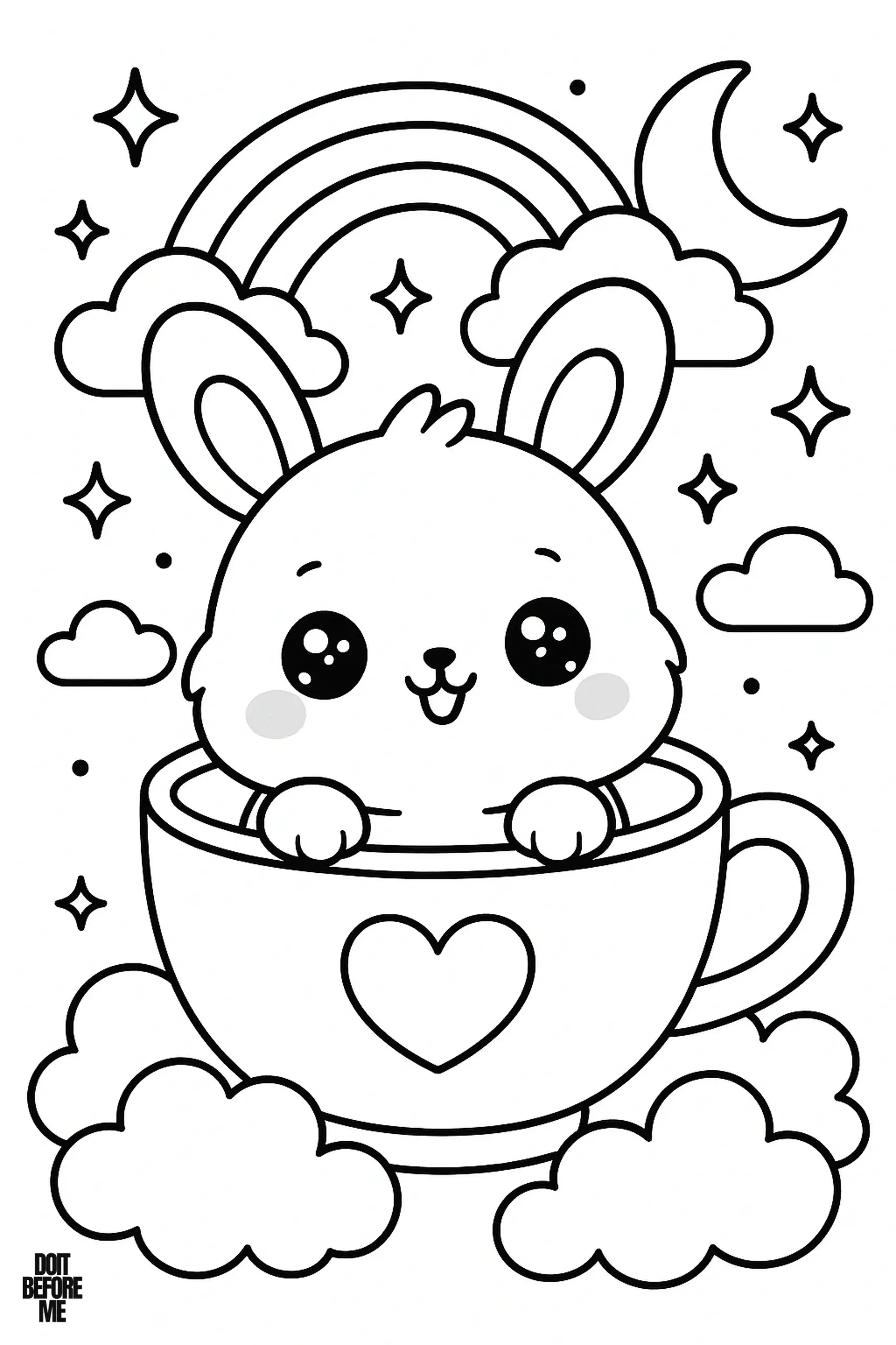 Cute bunny coloring page with a kawaii rabbit sitting in a teacup surrounded by clouds, a rainbow, moon and stars, fun printable for kids.