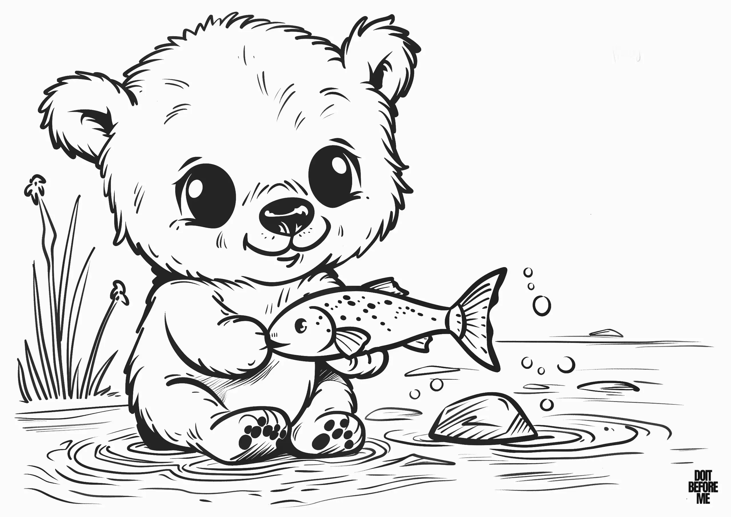 Baby brown bear sitting by a river, holding a salmon.