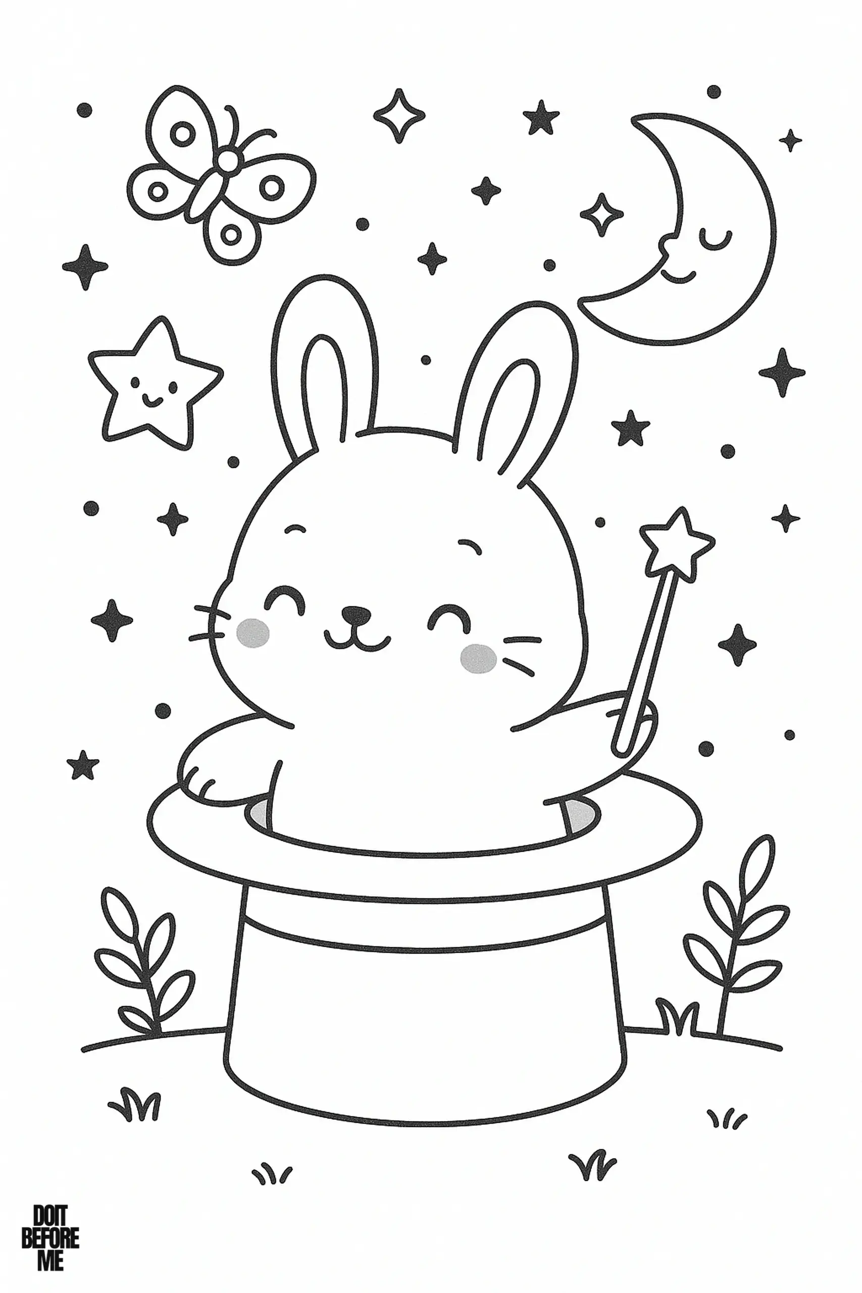 Printable coloring sheet of a kawaii bunny magician popping out of a magic hat, holding a star-tipped wand with stars, a butterfly, and a smiling moon in the night sky, surrounded by small plants.