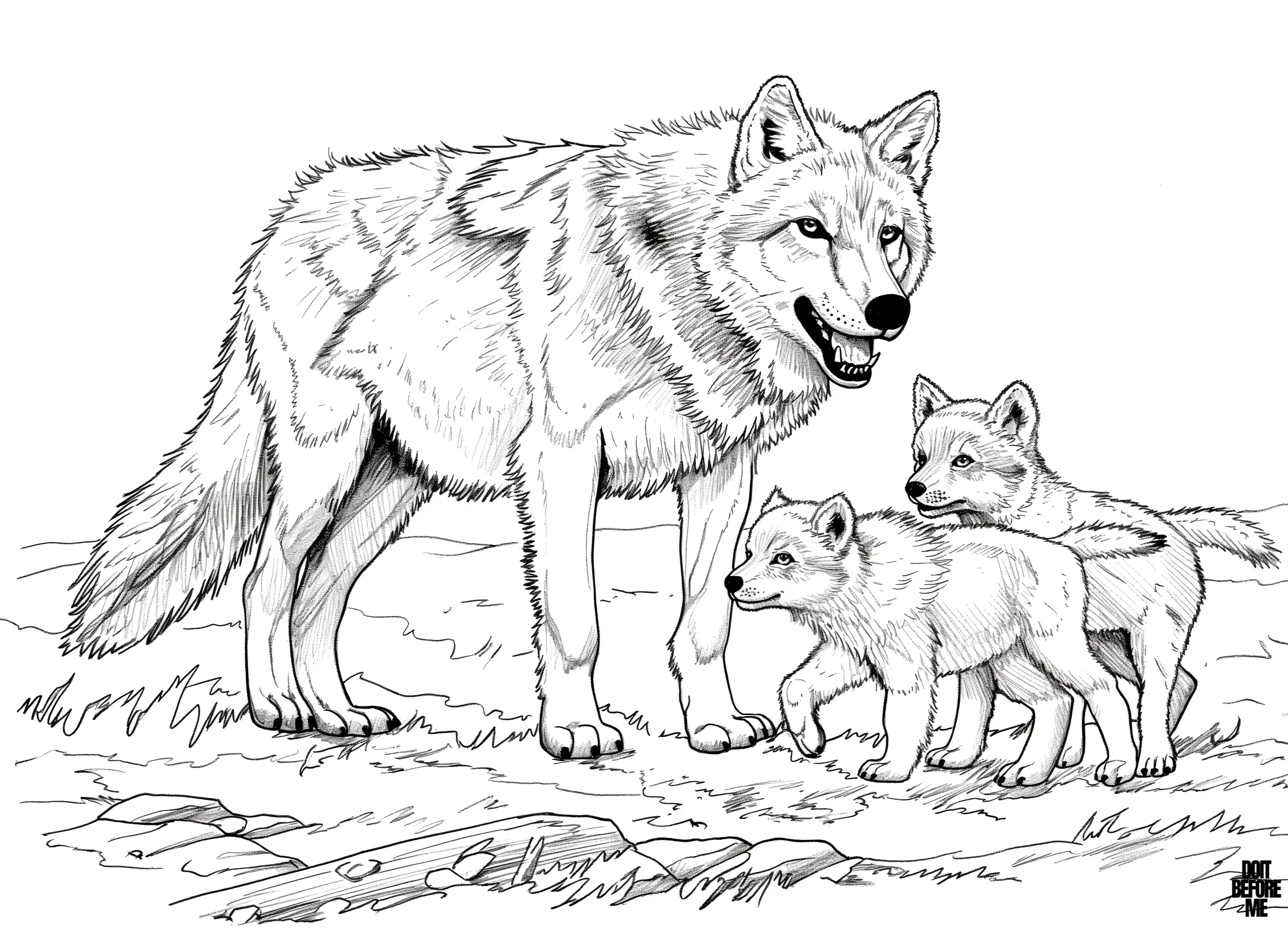 A printable coloring page featuring a realistically depicted mother wolf and her two cubs.