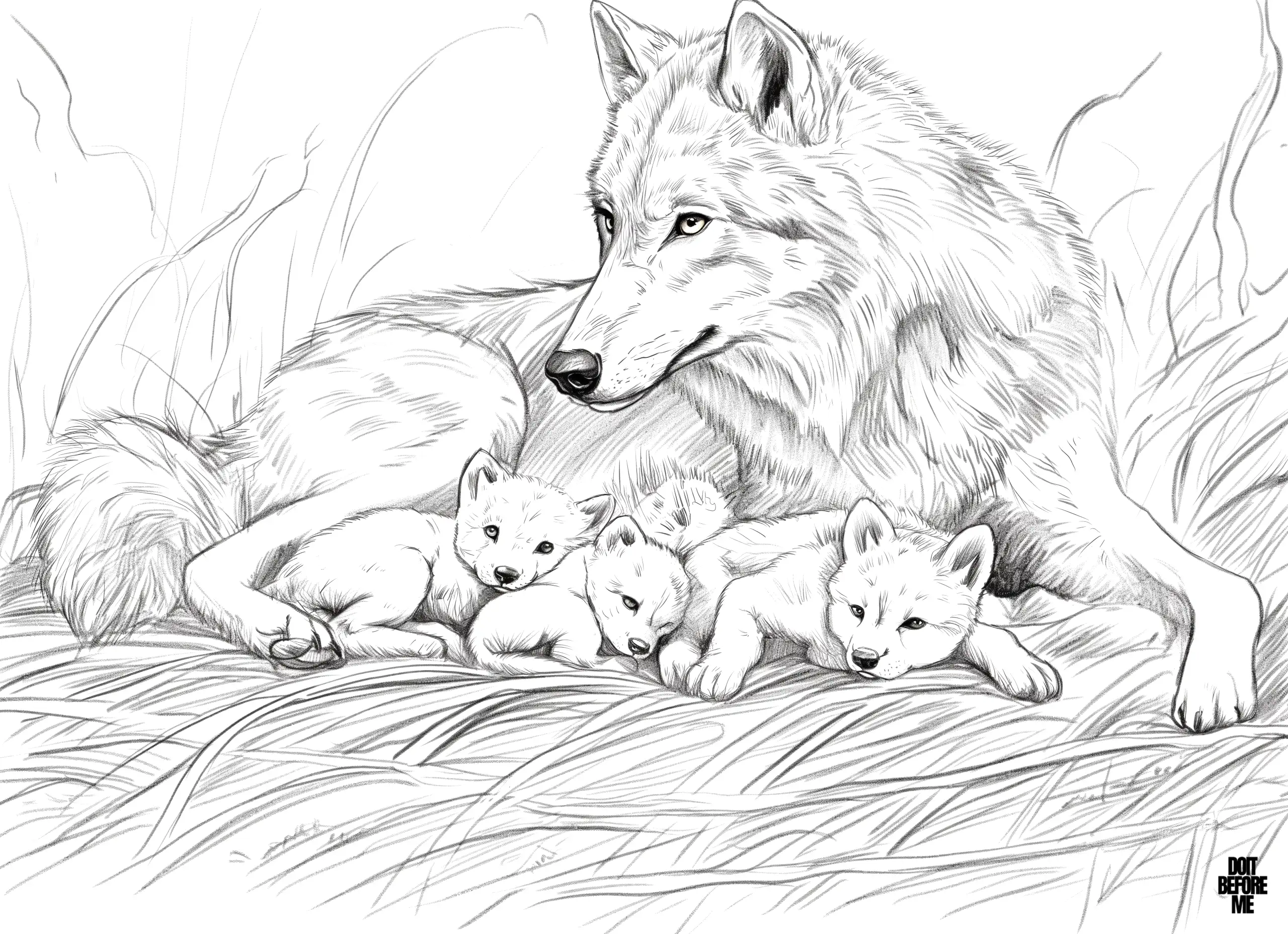 A realistic coloring page of the mother wolf lying next to her very small cubs, the cubs all in a sleeping position, the mother protectively looking around to see if there is any danger threatening her cubs.