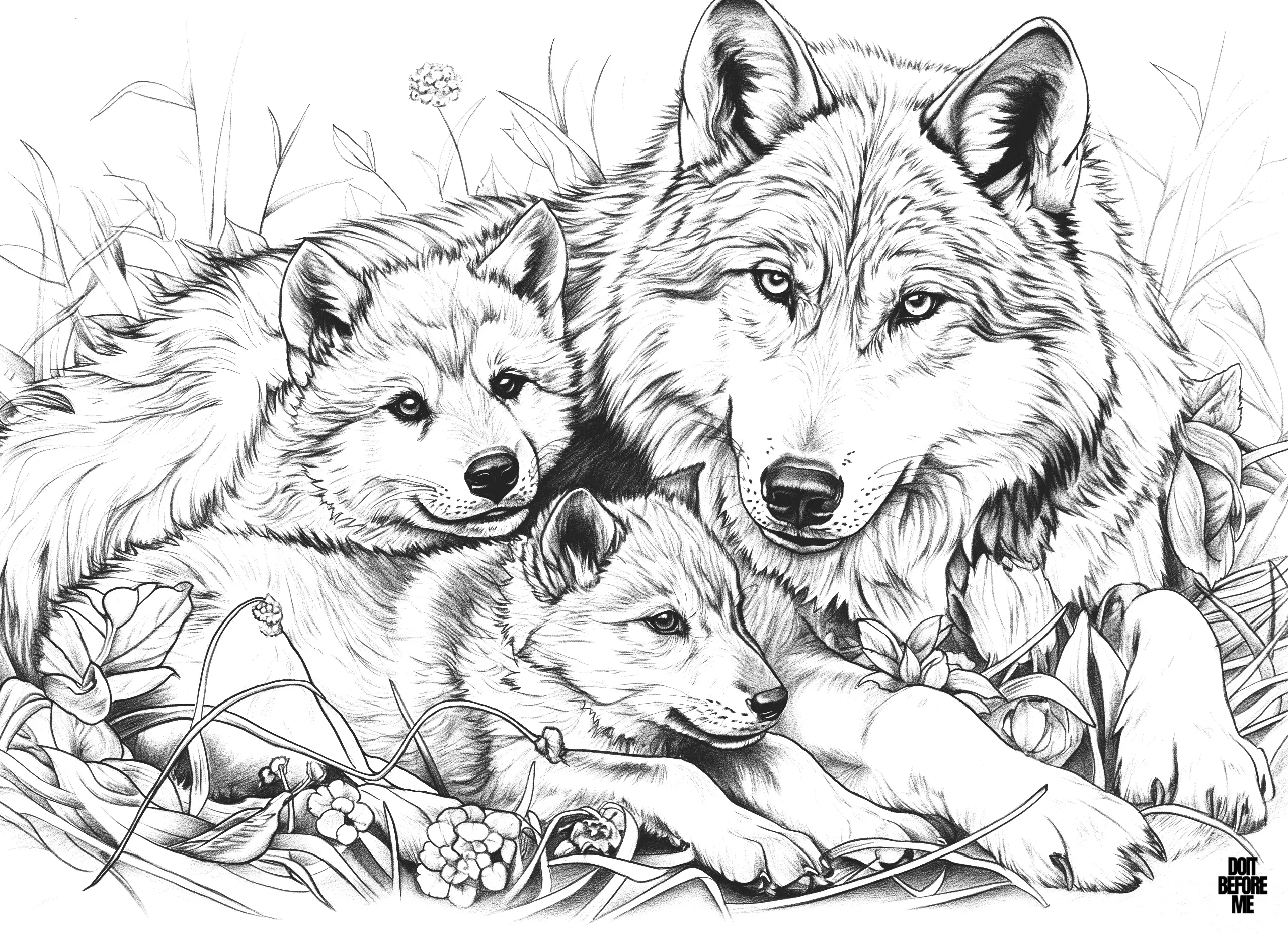 In the realistic coloring page, two wolf cubs are ready to sleep, snuggled up against their mother for her warmth, comfort and safety. The mother wolf is keeping watch.