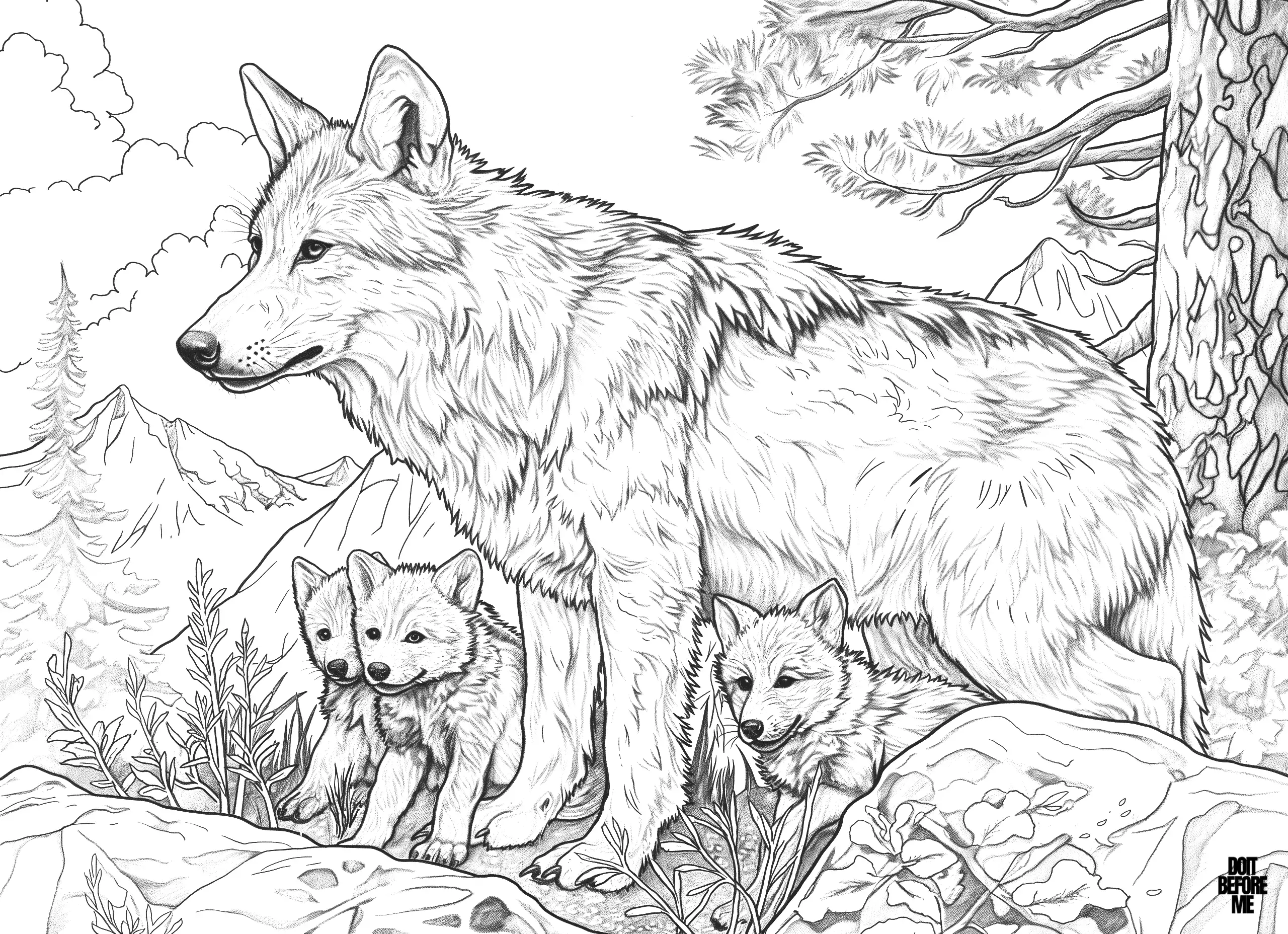 Coloring page of three little wolf cubs and the mother wolf are traveling deep in the forest. There is a detailed forest background.