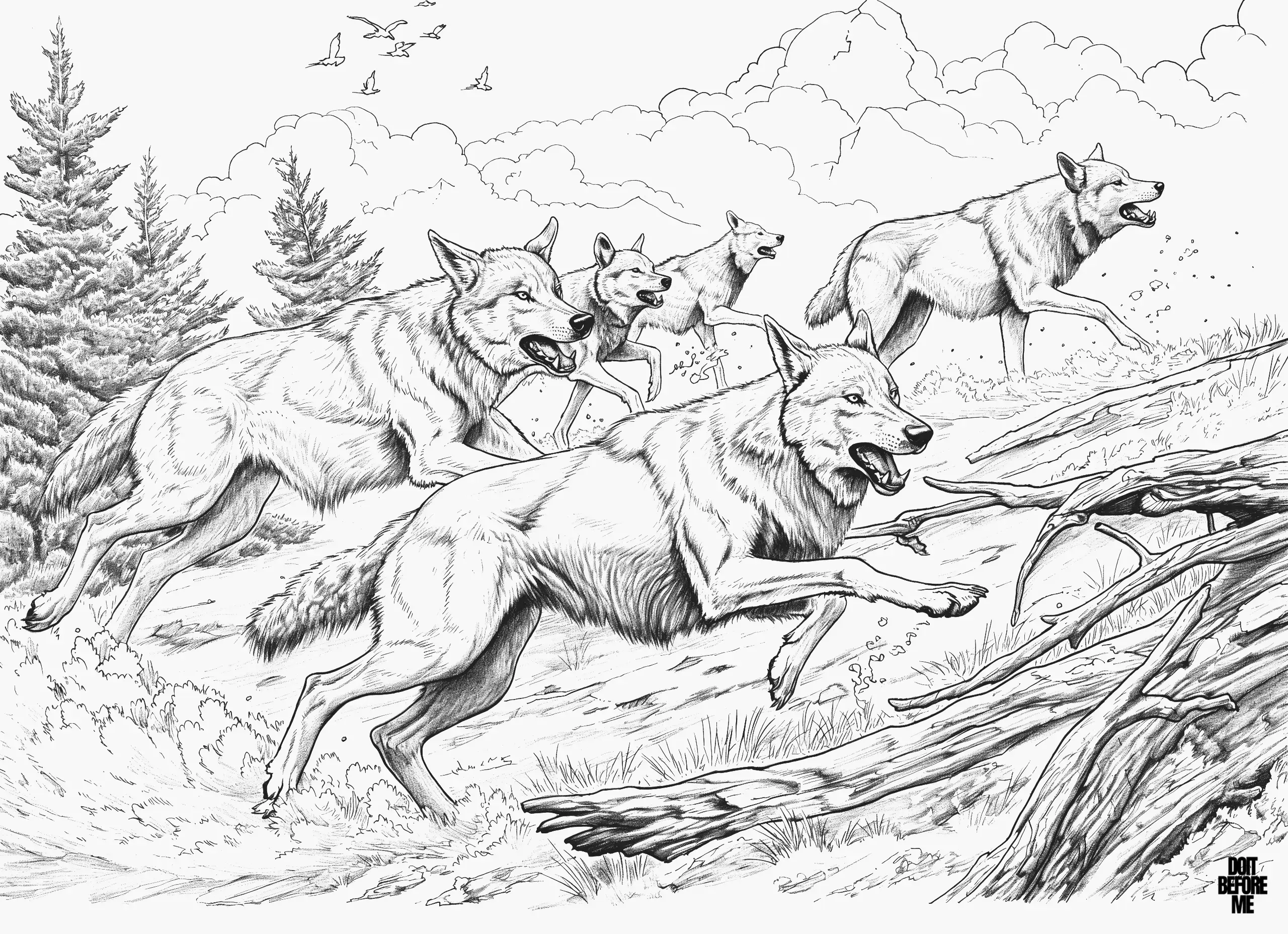 There are five adult wolves chasing after their prey to feed themselves, while there is a theme of tree roots and forest in the background, while there are migrating birds and clouds in the sky. A detailed realistic coloring page suitable for adult coloring enthusiasts.