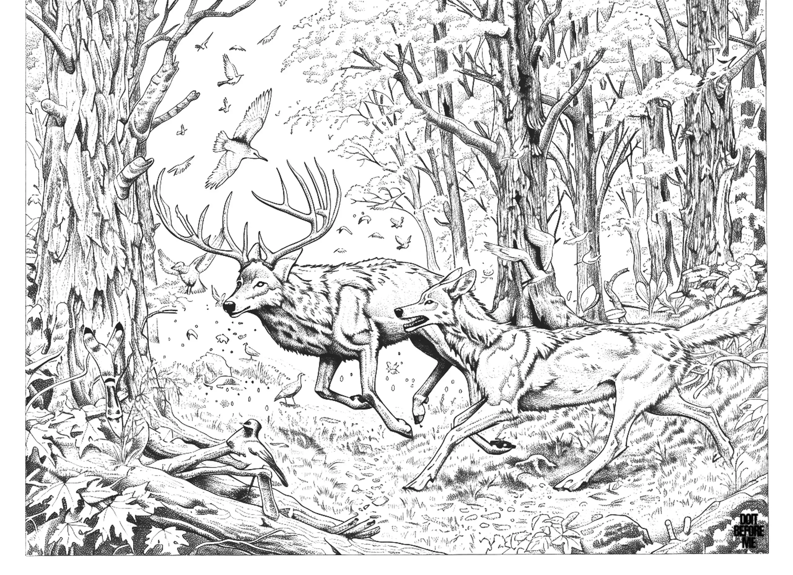 A realistic coloring page designed in intense and full detail, requiring mastery to color. On the page, a wolf is chasing an escaped male deer, and birds are flying in the air, frightened by the chase. Background densely wooded forest.