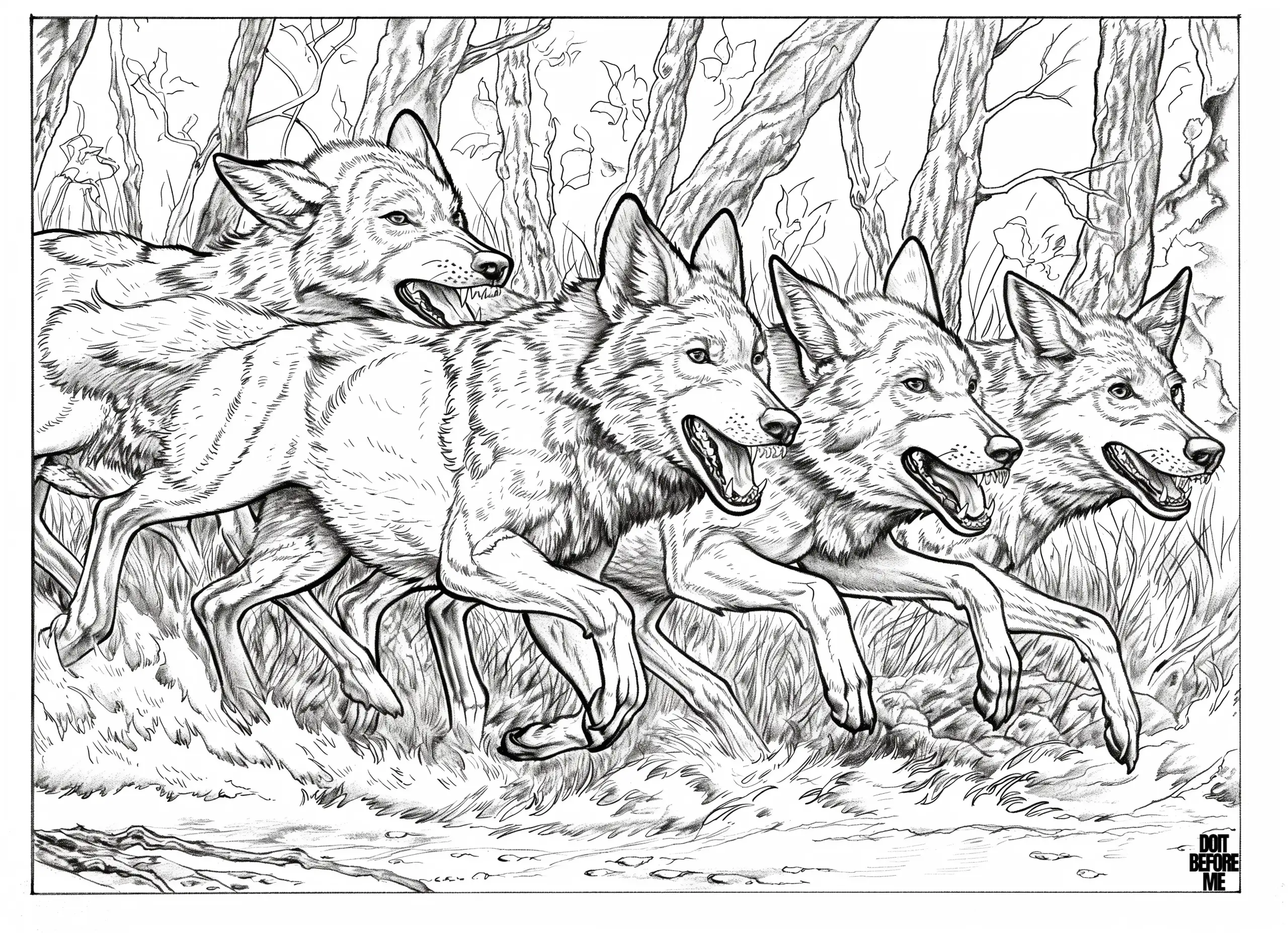 Four brother wolves chasing their prey against a forest background on a coloring sheet.