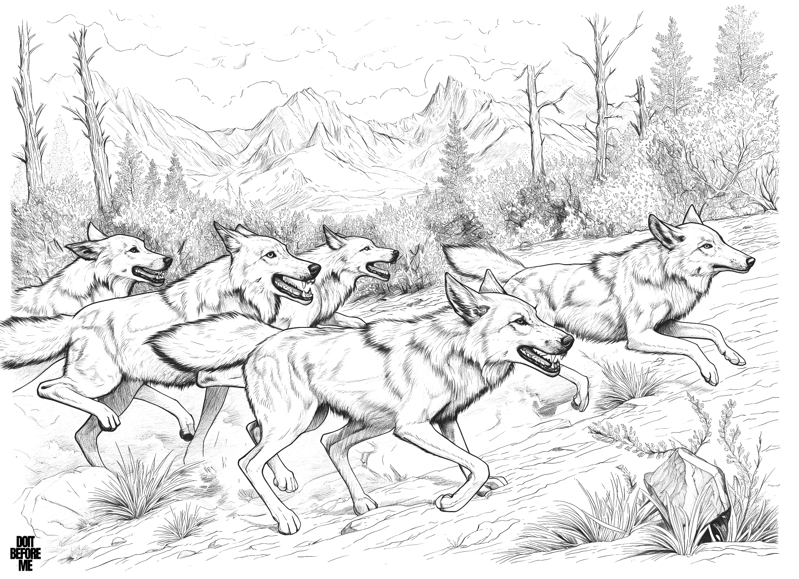 A wolf pack of five wolves chasing their prey in the meadow, with a mountain range and trees in the distance in the background. A realistic wolf coloring page for adults.