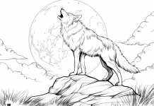 Printable coloring page of a realistic adult wolf standing up and howling in front of the full moon, with a huge full moon in the background and clouds next to it. Although it has a realistic appearance, it can be colored easily because it does not contain too many details.