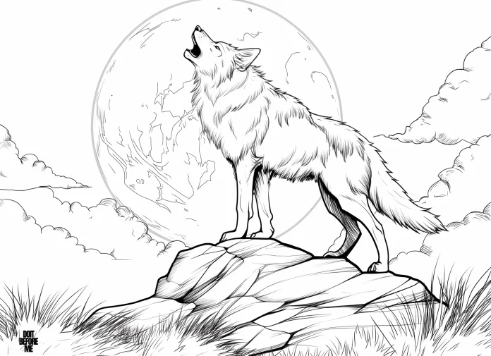 Printable coloring page of a realistic adult wolf standing up and howling in front of the full moon, with a huge full moon in the background and clouds next to it. Although it has a realistic appearance, it can be colored easily because it does not contain too many details.