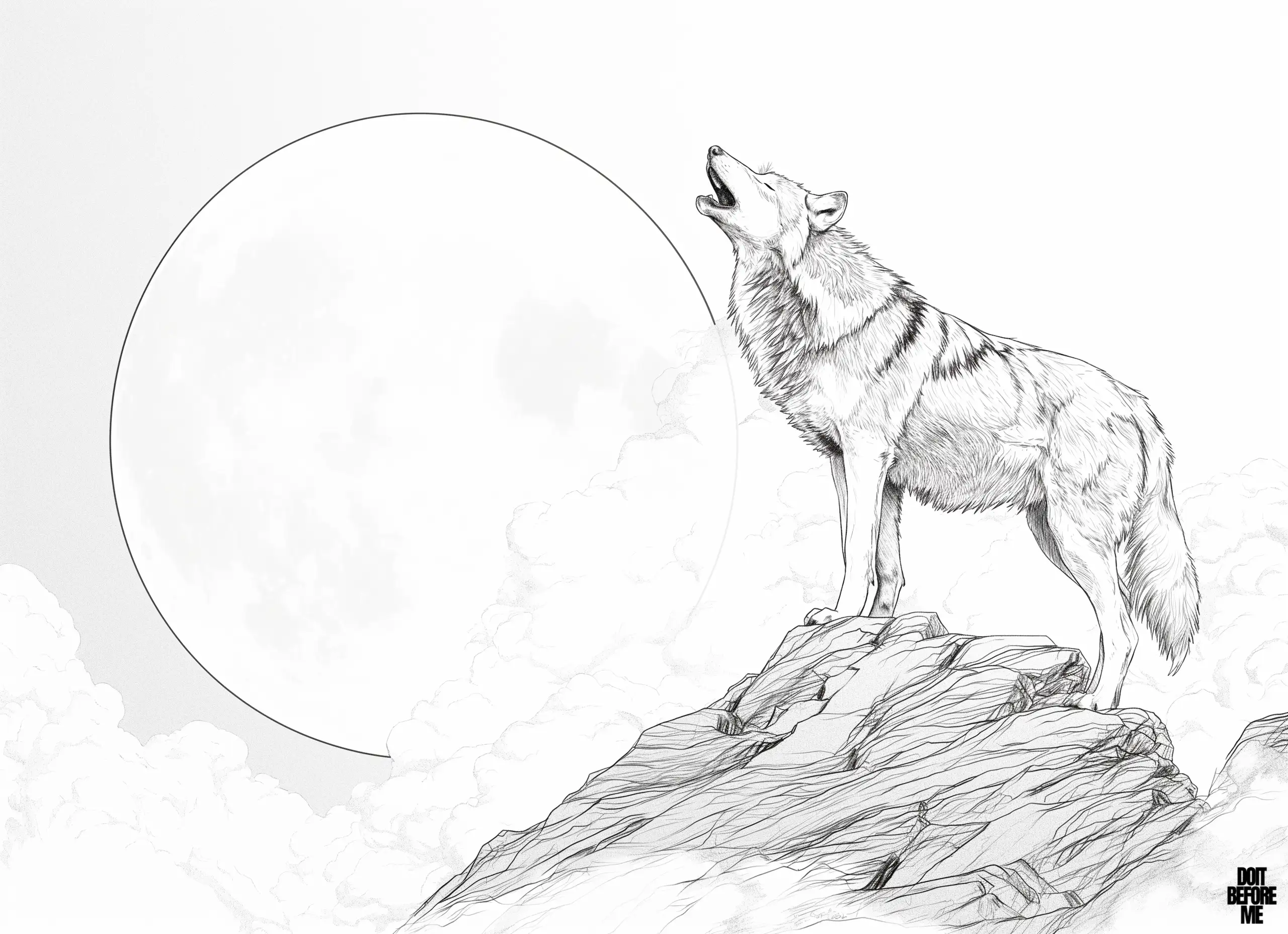 The pack leader she-wolf is on top of the mountain howling against the full moon coloring page.