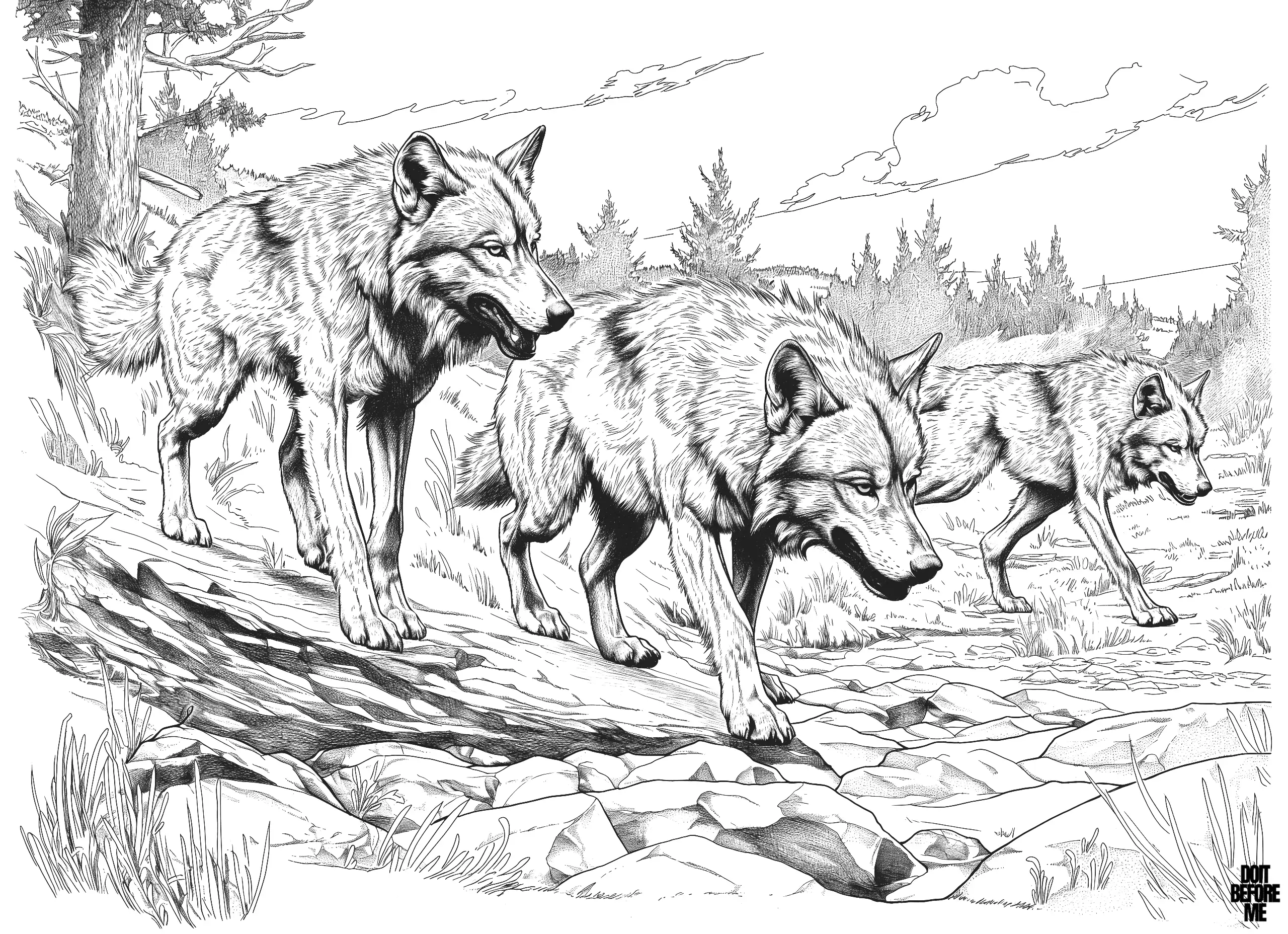 A realistic coloring sheet of three wolves moving cautiously through the forest as a pack towards their prey.