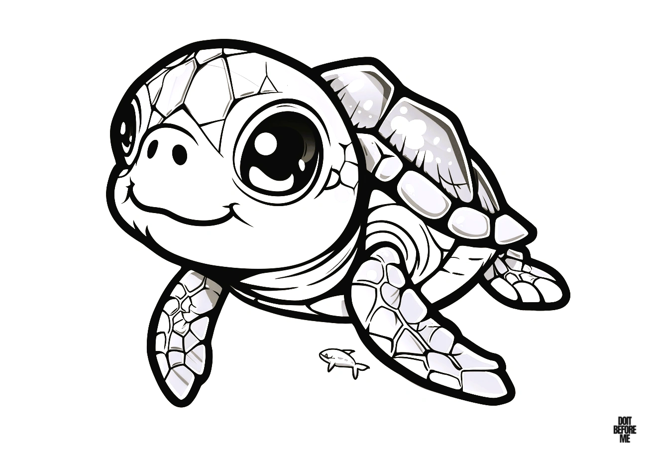 Printable coloring page illustrating a cute baby sea turtle with kawaii eyes and a tiny body, designed for toddlers.