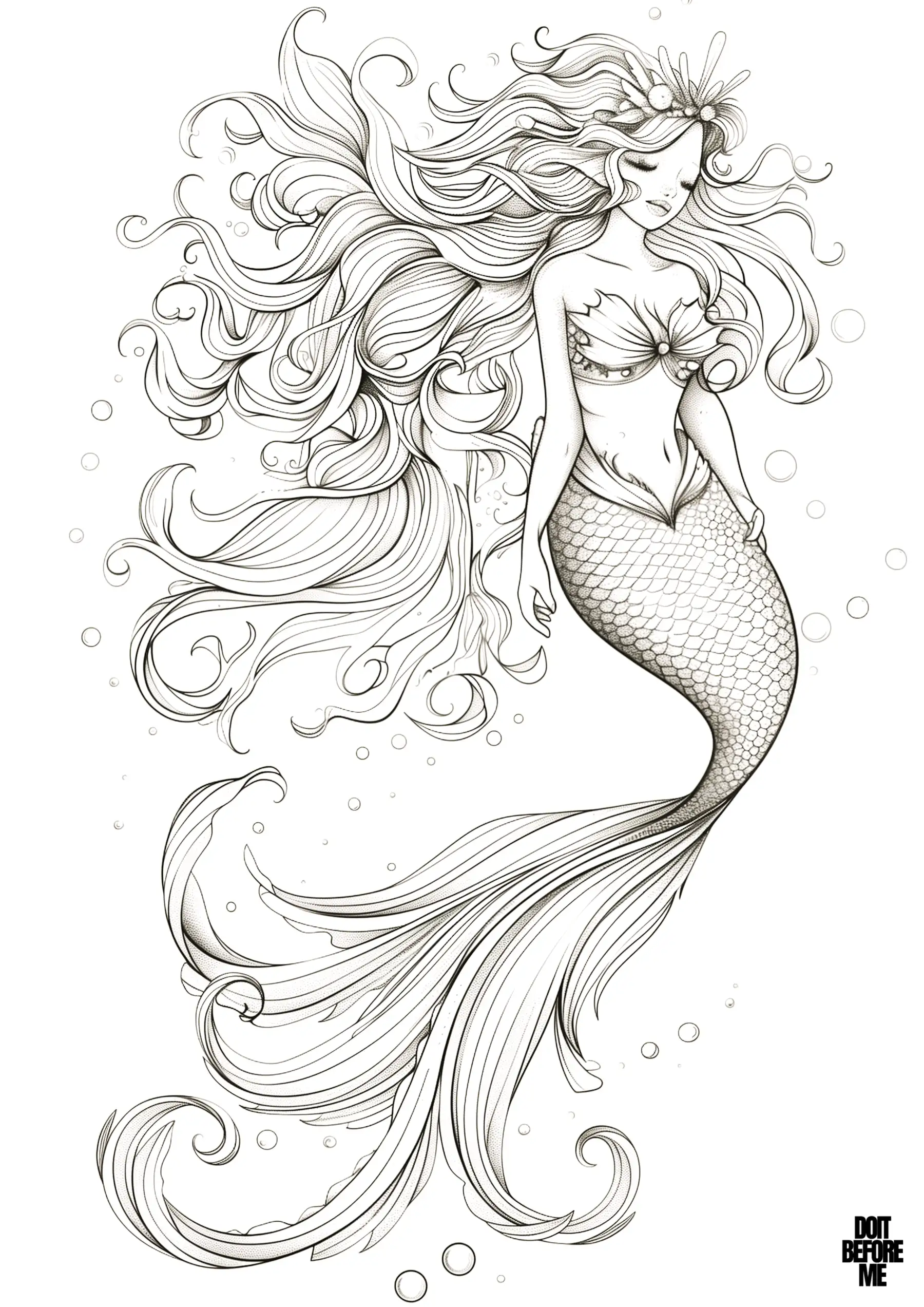 Mermaid with long flowing hair that cascades around her, she is adorned with a seashell top and her tail has detailed scales and a gracefully curved fin, bubbles surround her. The page is highly detailed due to intricate patterns in her hair and scales, suitable for adults.