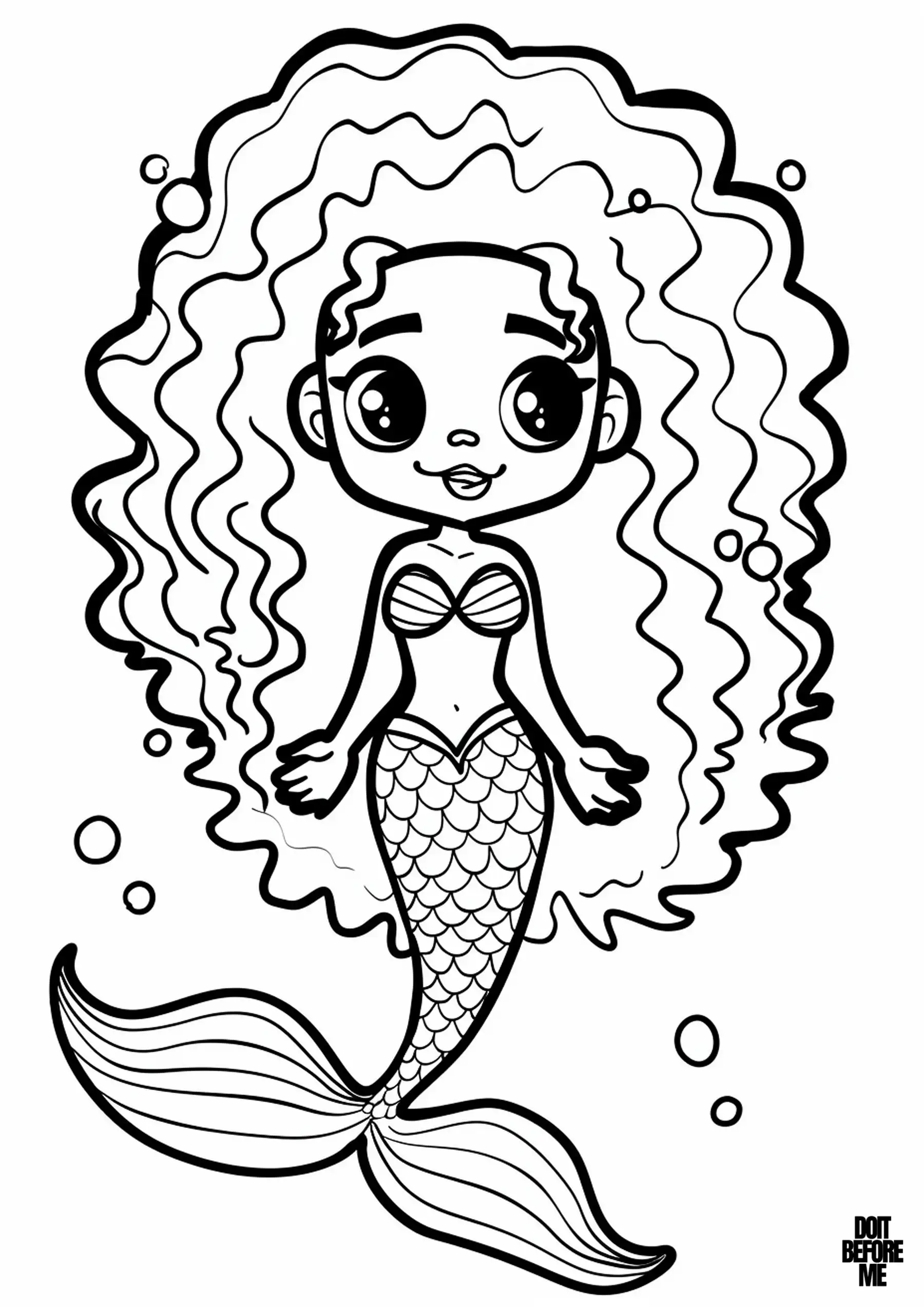 Cheerful Afro black girl mermaid with kawaii eyes and voluminous curly hair, easy coloring sheet for toddlers and preschoolers to color due to its thick outline and simple design. The mermaid wears a seashell top and has a scaly tail.