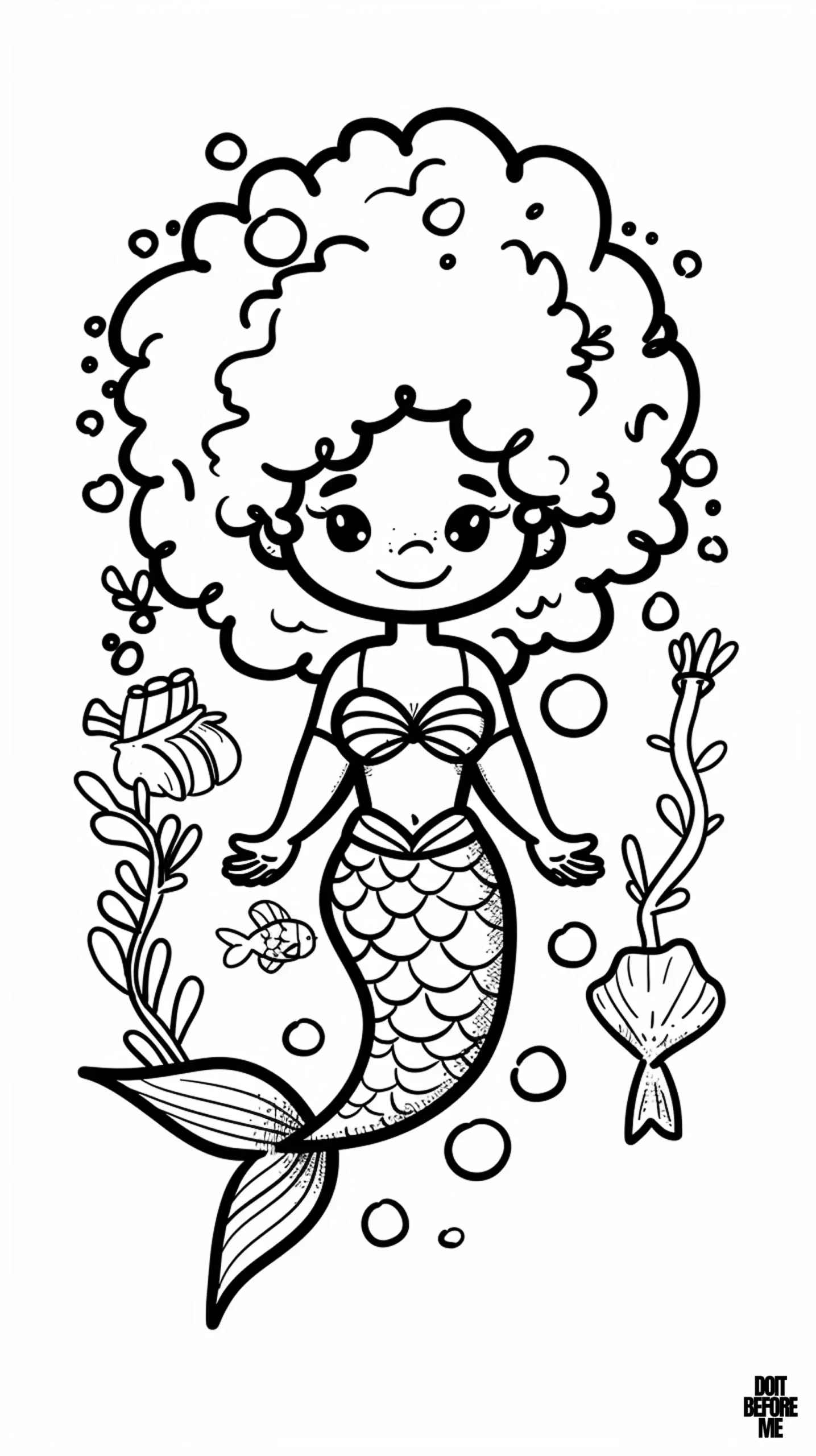 Mermaid with a voluminous curly afro hairstyle extends outward from her head in a rounded shape, her eyes are large, round and wide open, with prominent eyelashes, a small upturned nose and a cheerful expression. The mermaid's lower body transforms into a fish tail at the waist, its tail is long and slightly curved to the left and is covered in scales. Suitable for black girls coloring.