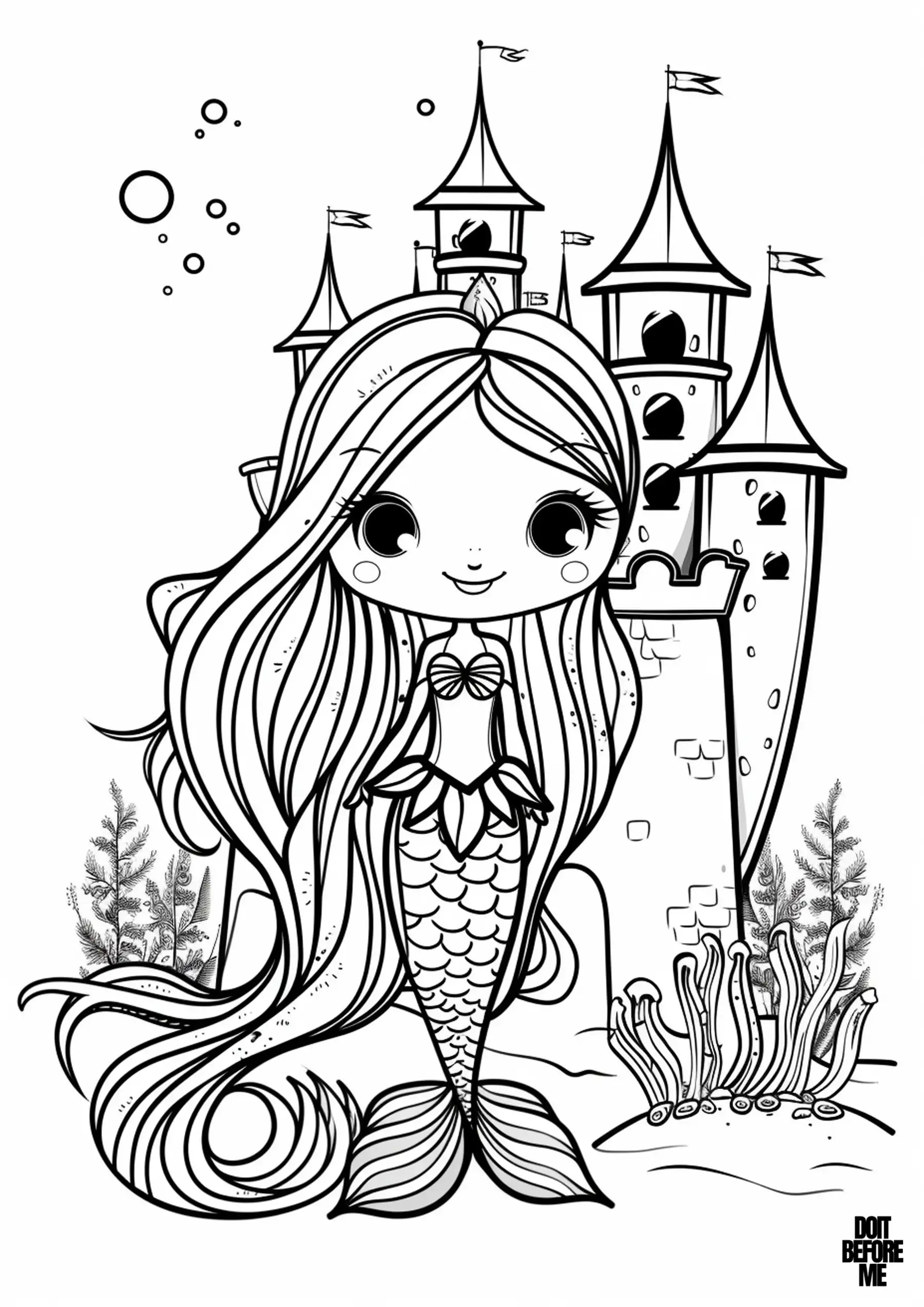 A happy little mermaid princess with long, wavy hair, standing in front of a large, elegant underwater home castle. She is surrounded by bubbles and sea plants.