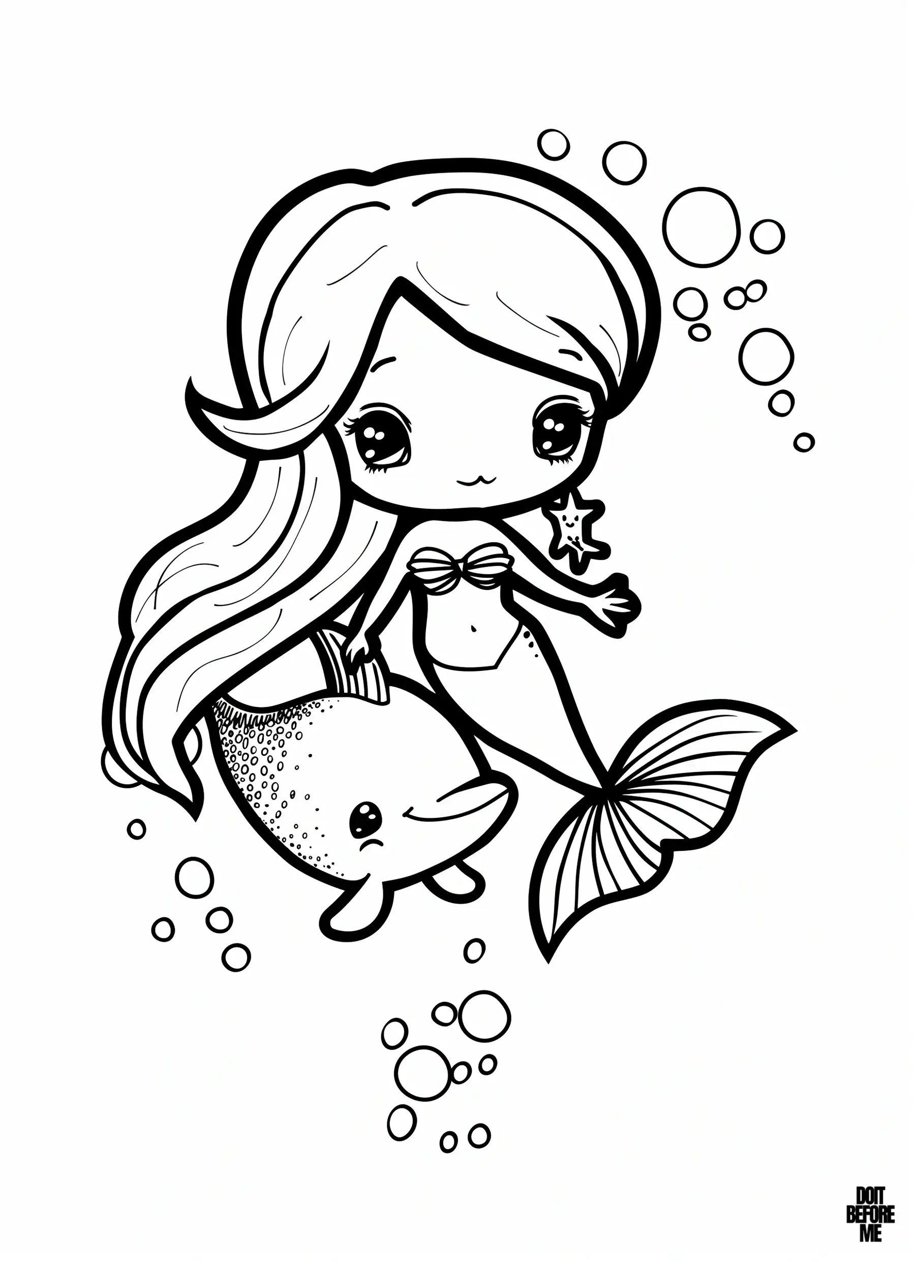 Easy to color coloring page of the little mermaid with her little pet dolphin next to her, cute little mermaid with long, flowing hair, holding a starfish, and swimming next to a friendly dolphin. They are surrounded by bubbles, creating an enchanting underwater scene. Both characters have gentle smiles, capturing a moment of peaceful friendship in the ocean.