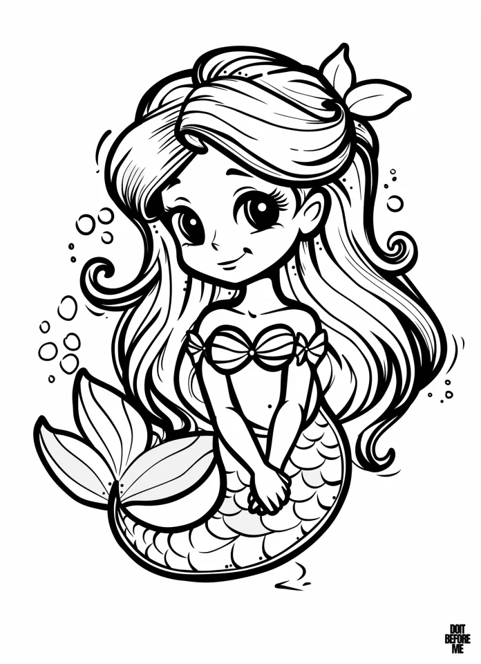 A happy and beautiful mermaid smiling modestly with her mermaid tail curled to the side and her hands folded on her belly, her hair is long and fluffy.