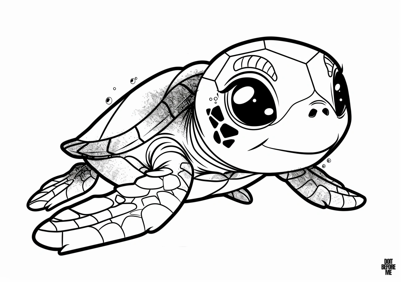 Printable cute sea turtle coloring page featuring a turtle with a slight smile and a relatively simple design, making it easy for kids to color.