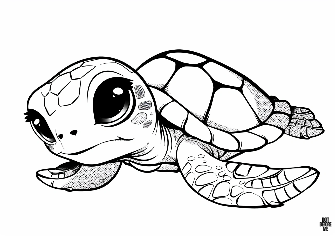 Printable coloring page featuring a cute female turtle with kawaii eyes, set against a blank white background.