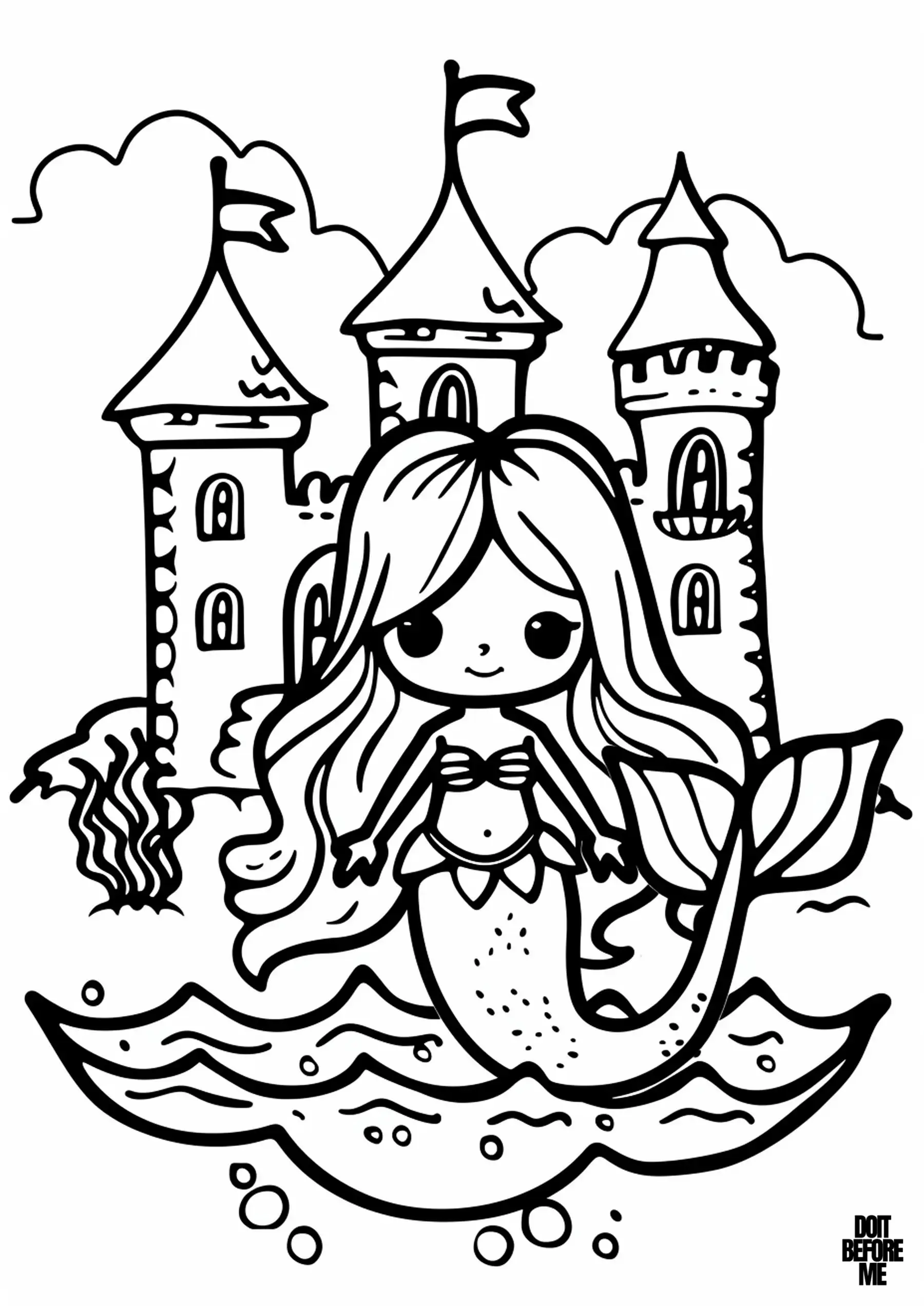 Sweet little mermaid with long, flowing hair standing in front of a large, elegant castle, surrounded by gentle waves and sea plants in the background. The coloring page is designed with thick outlines for easy coloring, allowing toddlers, preschoolers and little girls to use a variety of coloring materials, including crayons, colored pencils and markers.