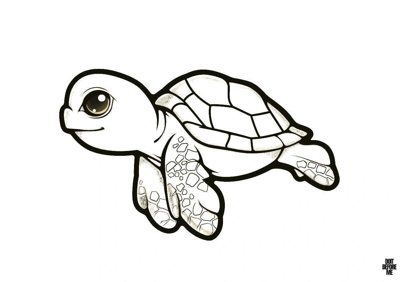 Easy cute baby sea turtle coloring page featuring a side angle view, created for children.