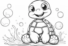 Printable coloring page designed for children, preschoolers, and toddlers featuring a cute baby sea turtle seated. The design includes a few plants and air bubbles in the background.