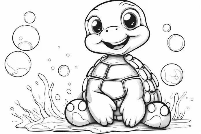 Printable coloring page designed for children, preschoolers, and toddlers featuring a cute baby sea turtle seated. The design includes a few plants and air bubbles in the background.