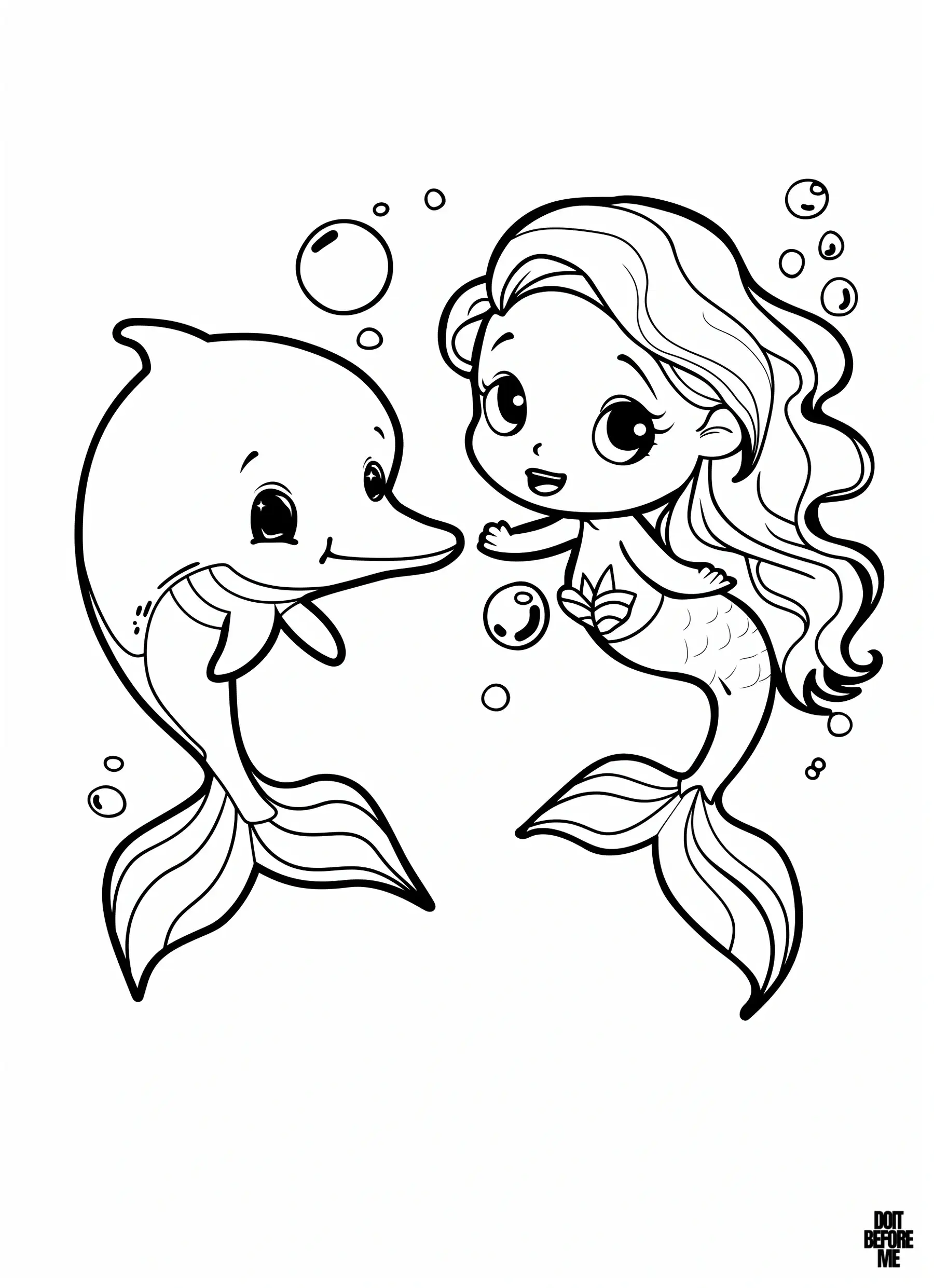 The little mermaid coloring page swimming with a baby dolphin has a simple design that is easy to color. Happy little mermaid with long, wavy hair engaging with a smiling dolphin. They are surrounded by bubbles, highlighting their playful interaction in the ocean. Both characters have cheerful expressions, capturing a moment of fun and friendship under the sea.