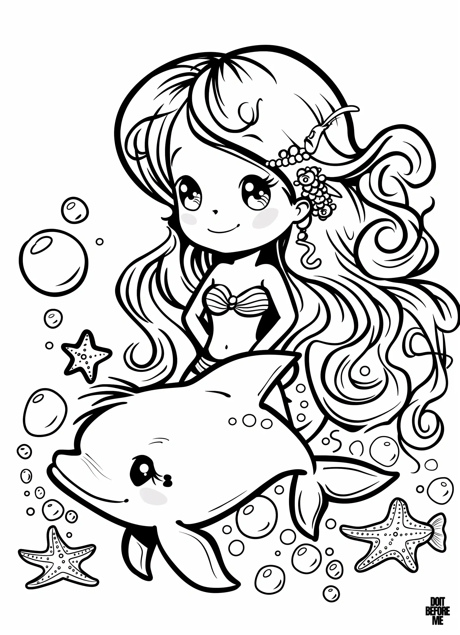 Cute little mermaid with long, wavy hair adorned with a floral hairpiece, swimming beside a happy dolphin. They are surrounded by bubbles and starfish, highlighting their joyful and playful interaction in the ocean.