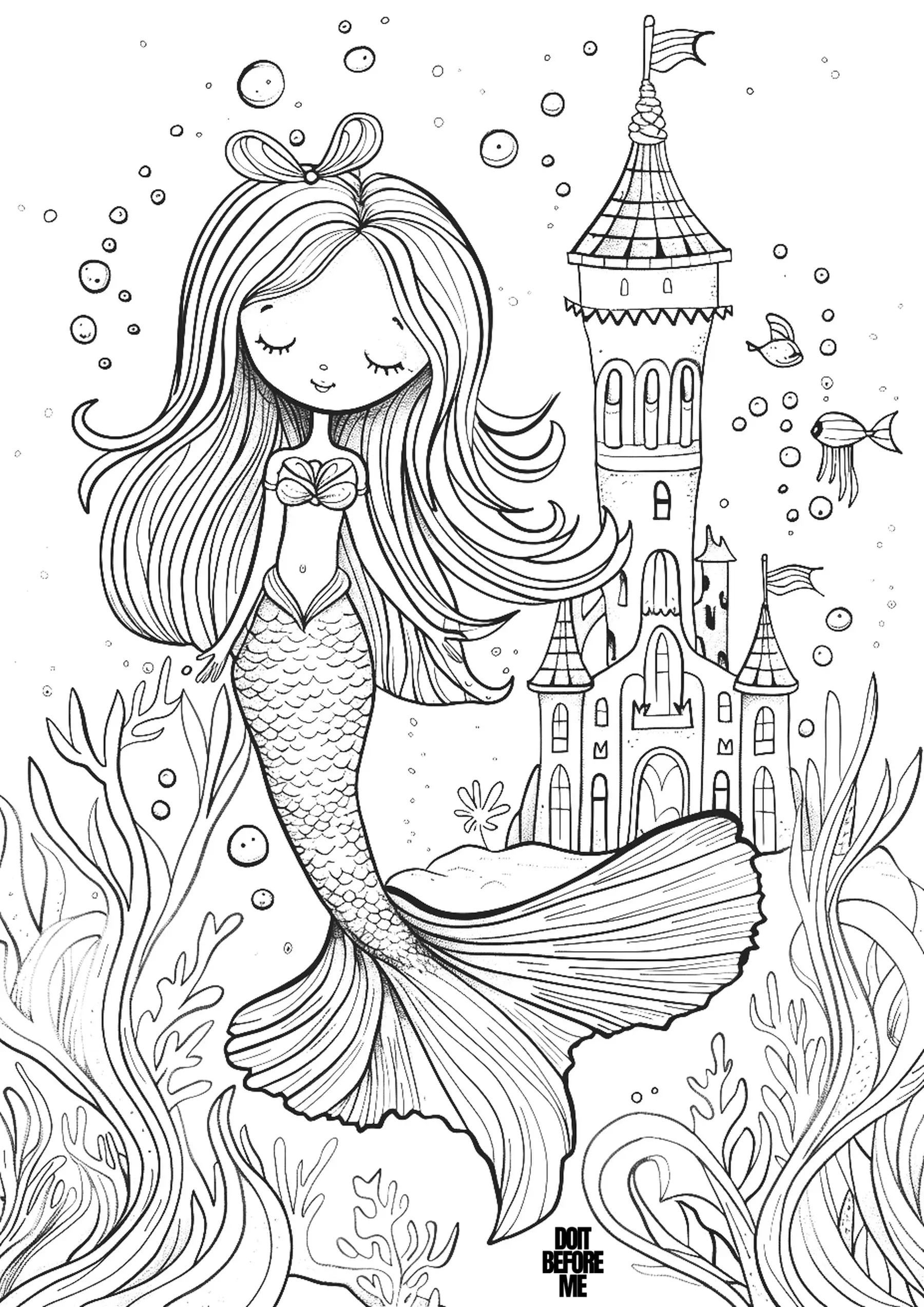 Calm little mermaid princess with long, flowing hair, floating near a grand underwater castle. She is surrounded by bubbles and seaweed, in the underwater kingdom.