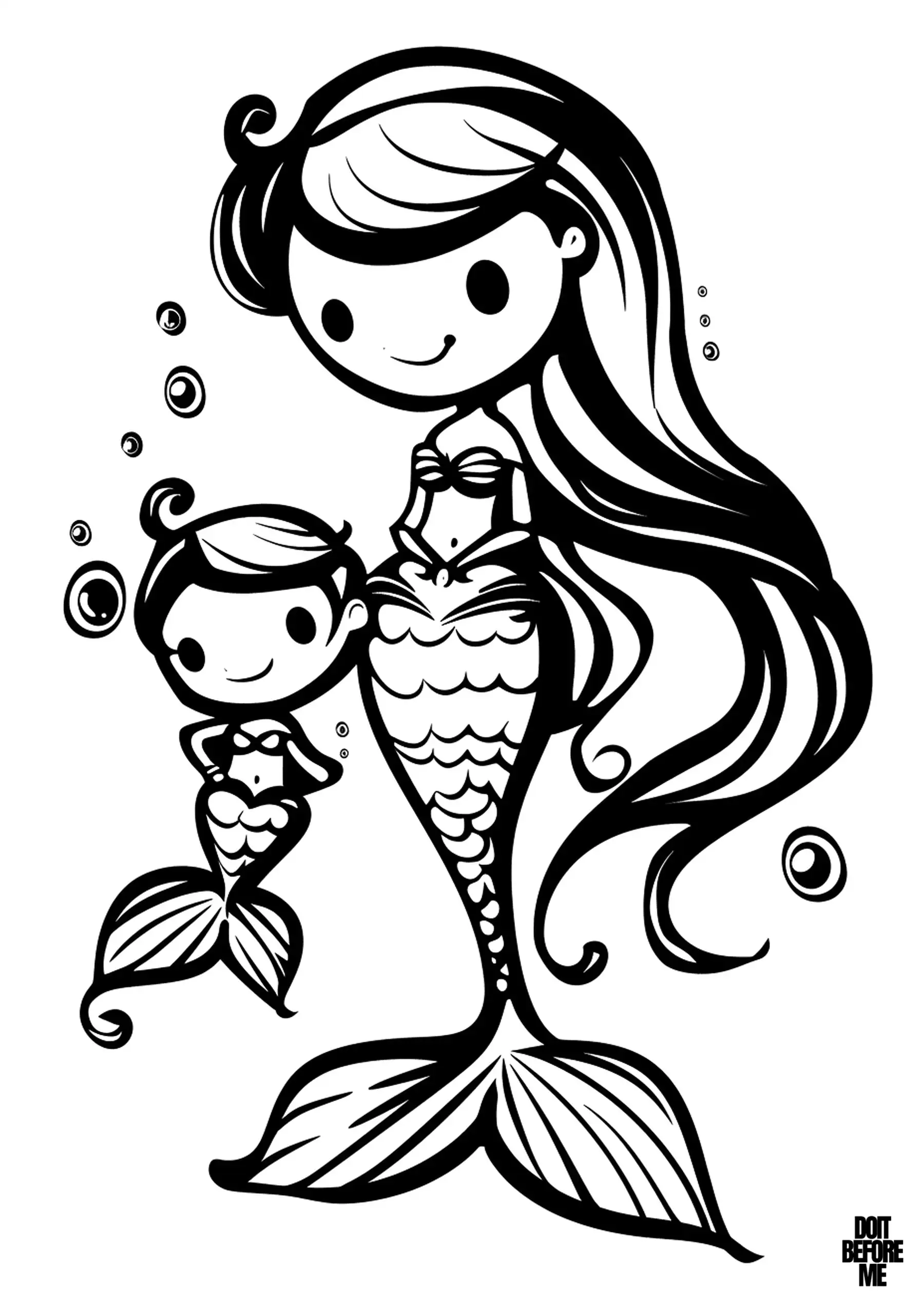 Mother and baby mermaid duo, both with cheerful smiles, with thick outlines and a relatively easy and simple design for children to color, while the background is surrounded by bubbles, the mother mermaid has long wavy hair and a seashell top, while her tail is decorated with sequins . The much smaller baby mermaid is also a tiny replica of her mother.