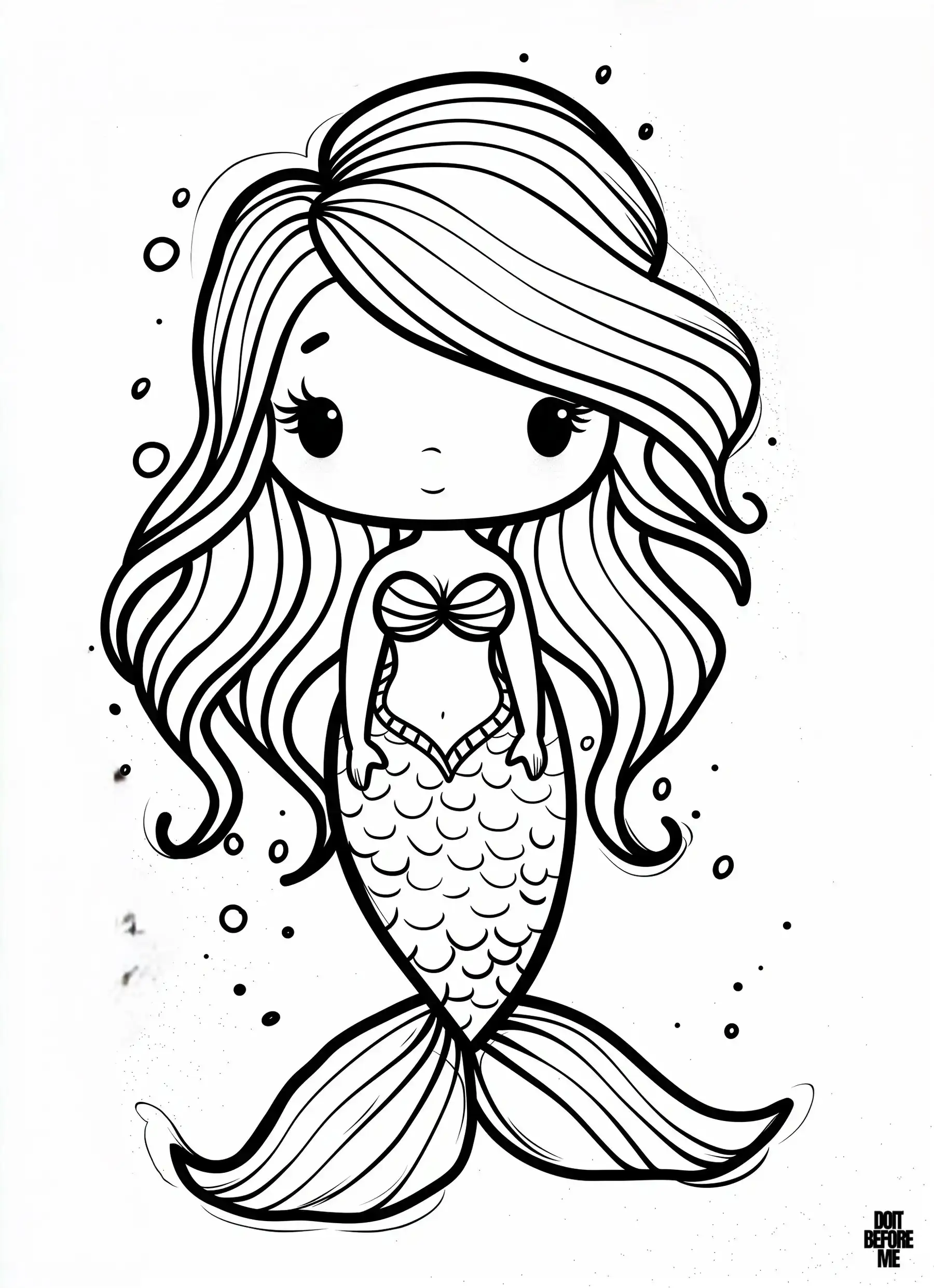 A cute little mermaid with long, wavy hair and a calm expression, surrounded by bubbles. She has a gentle smile and her tail is elegantly curved, creating a tranquil underwater scene.