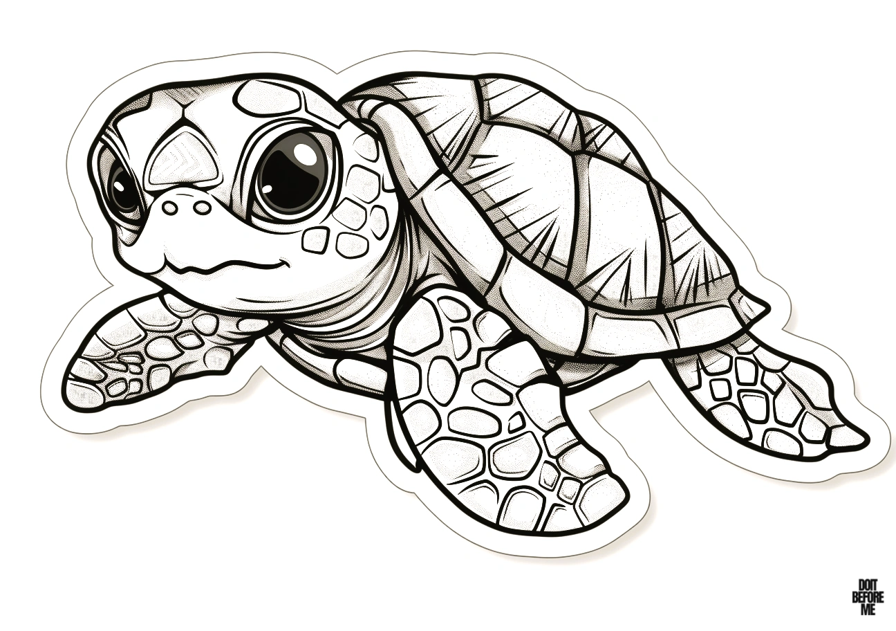 Printable coloring page of a realistically designed adult sea turtle, suitable for adults due to its detailed design.