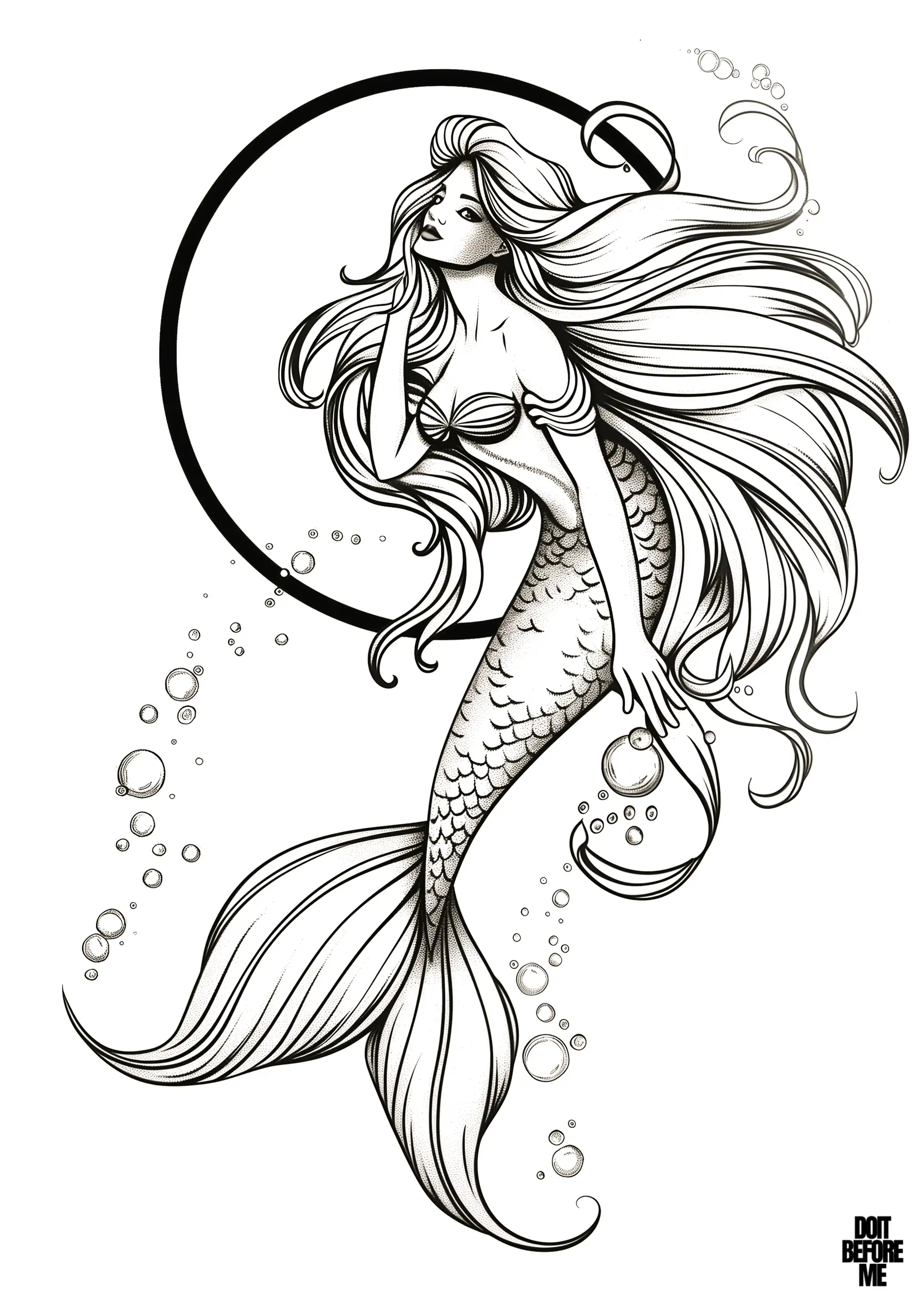 Mermaid with long flowing hair, posed thoughtfully within a circular frame, she is surrounded by bubbles, and her tail features intricate scales. The page is detailed, ideal for experienced adult coloring enthusiasts. Due to fine details, coloring with fine-tipped markers, colored pencils, or gel pens is suitable to depth to the illustration.