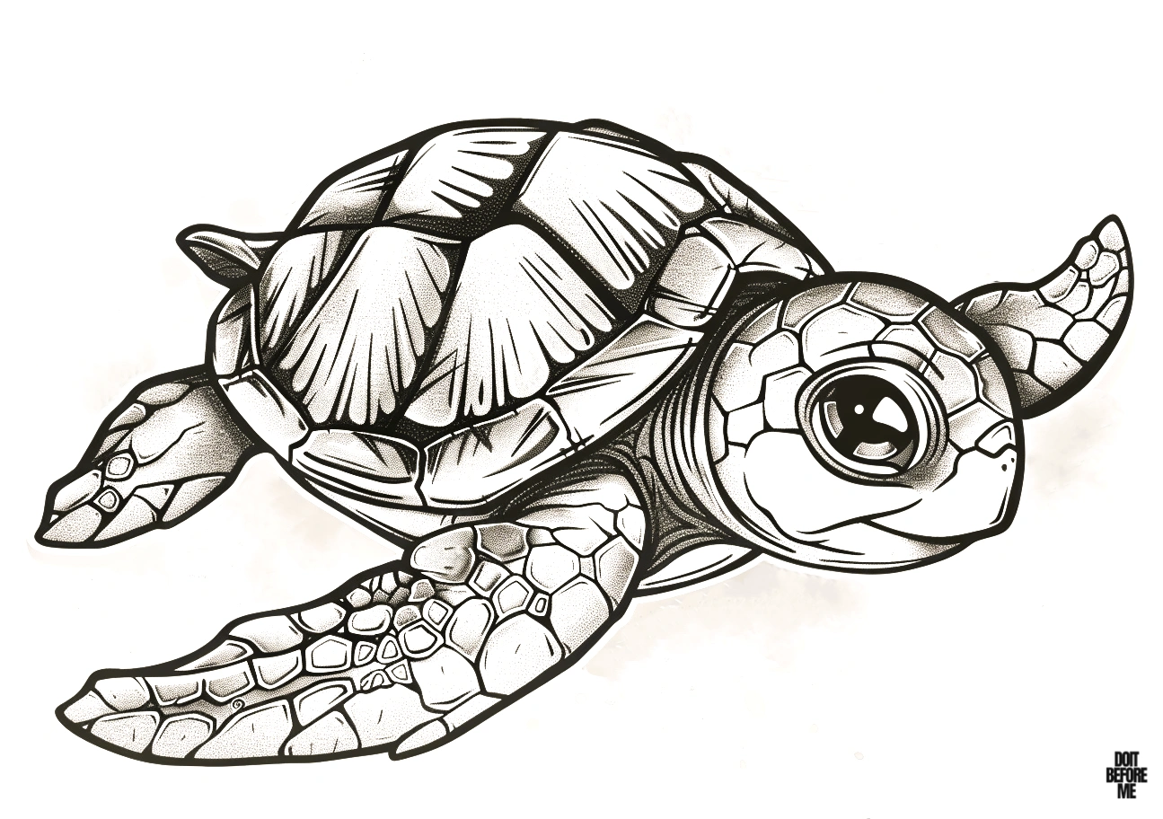 Printable colouring page showcasing a realistically designed adult sea turtle, ideal for adults due to its intricate details.