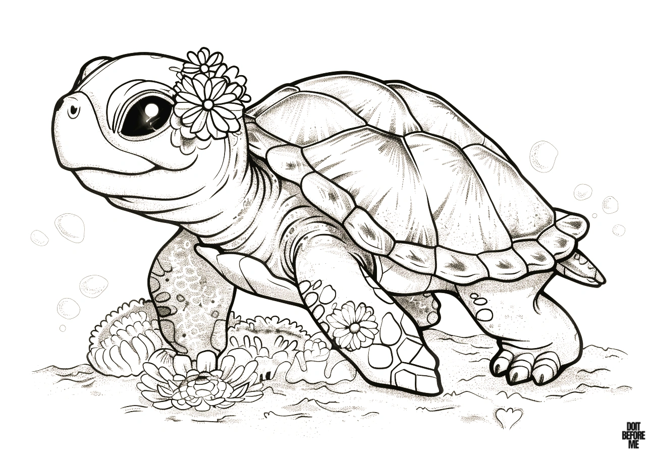 Printable coloring page, which features an old sea turtle with a cute flower on its head, is more suitable for adults to color because of the fine details it contains.