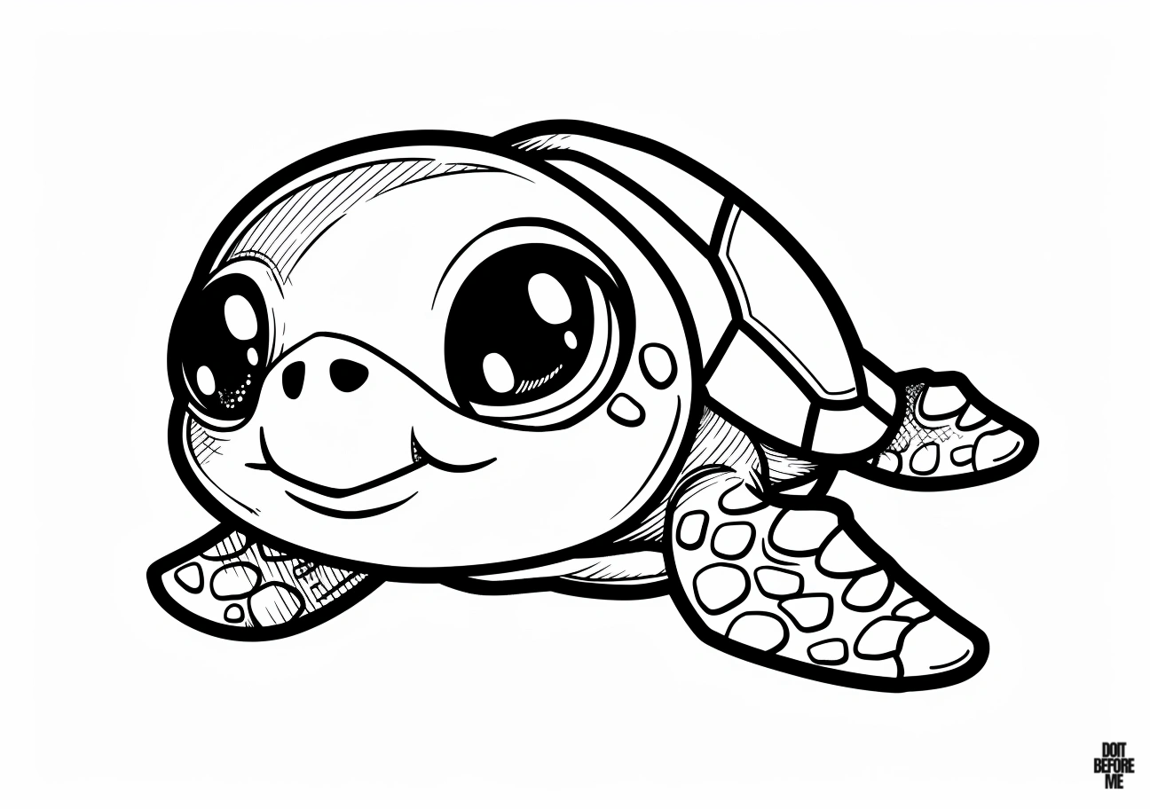 Printable cute baby sea turtle coloring page with a huge head and a tiny body in a chibi design. Suitable for kawaii-loving kids and adults.