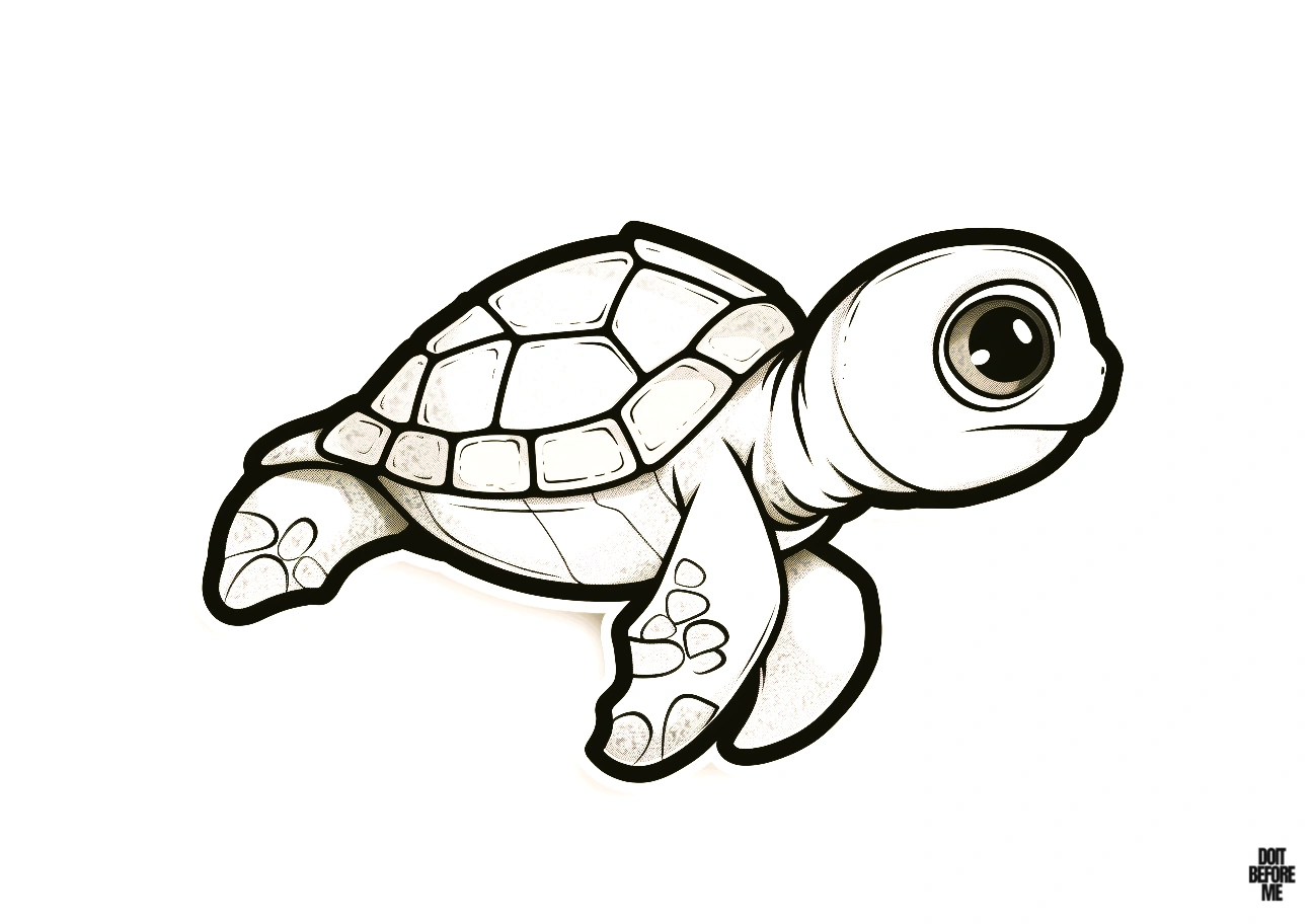 A small depiction of an easy, cute sea turtle coloring page designed from a side-angle view for kids.