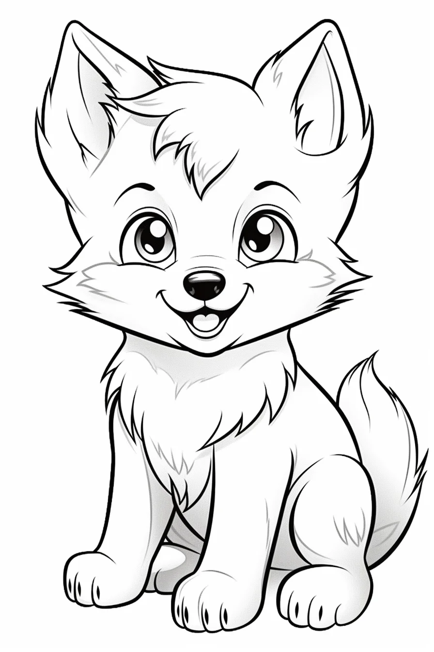 Printable coloring page of an adorable baby wolf pup, designed for easy use by kids.