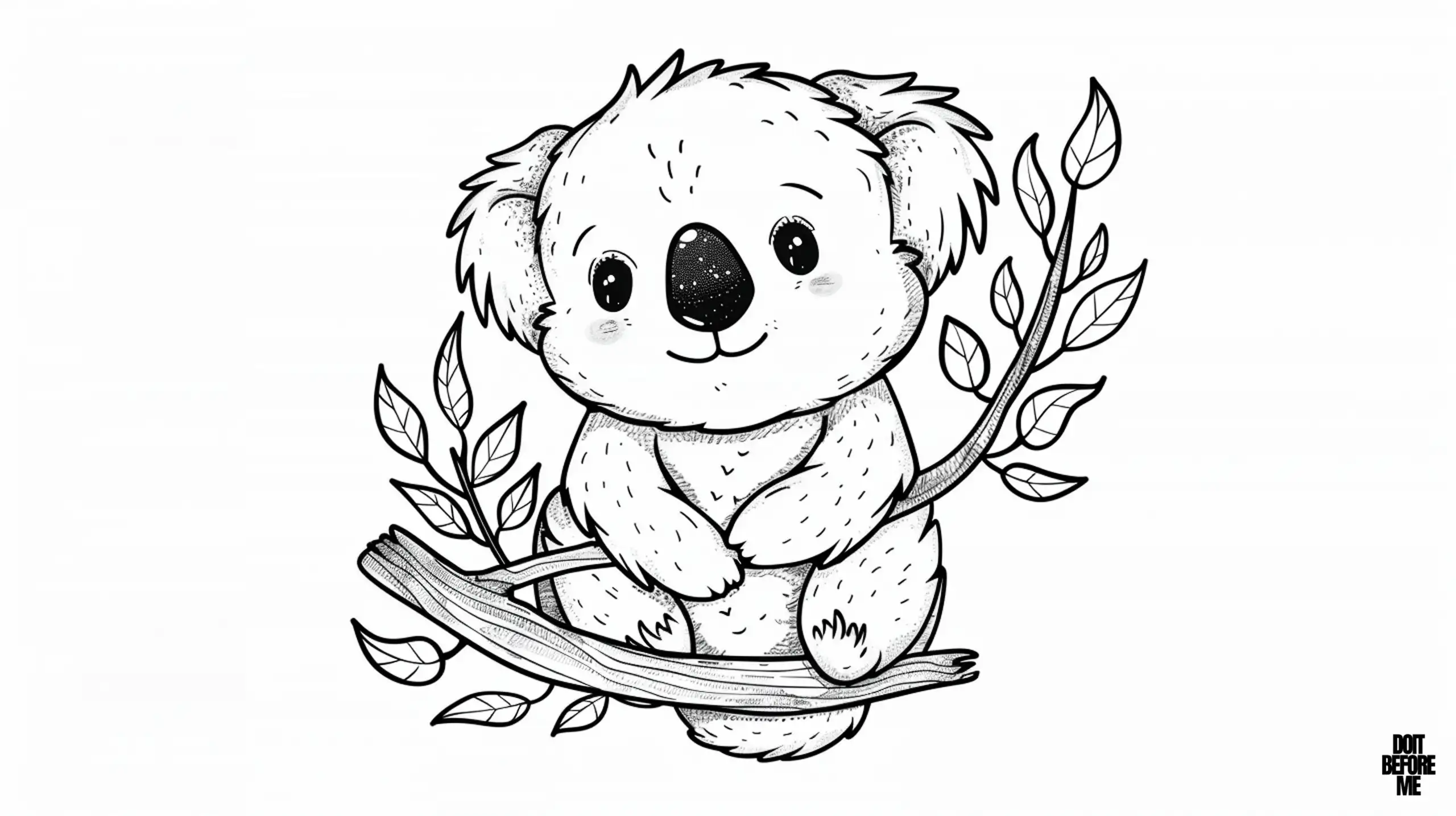 Cute and easy-to-color printable coloring page featuring a kawaii koala, designed for school-aged children. The baby koala clings to a tree branch, smiling sweetly with rosy cheeks.