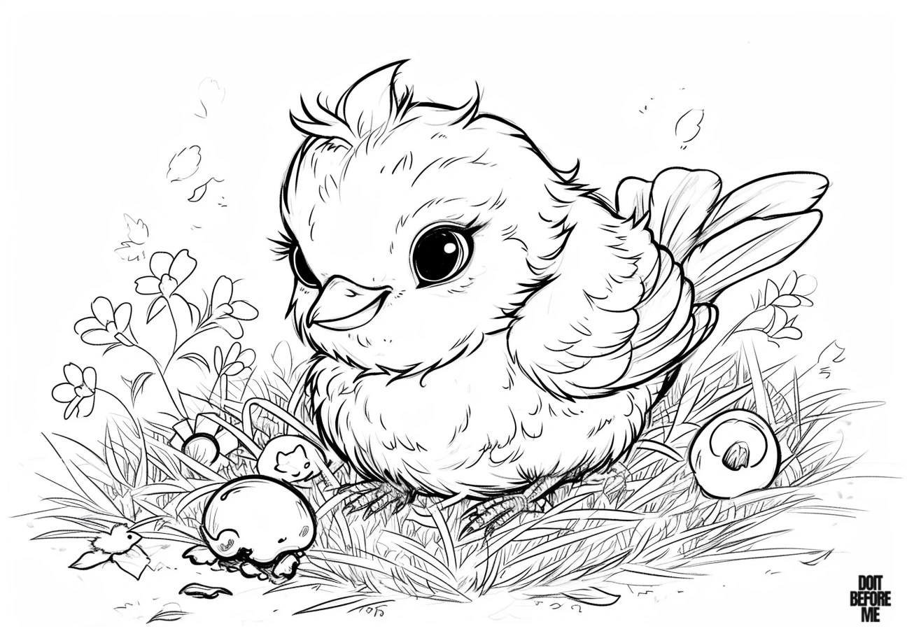 Adorable chubby and fluffy baby bird standing on a nest coloring page with basic plants in the background.