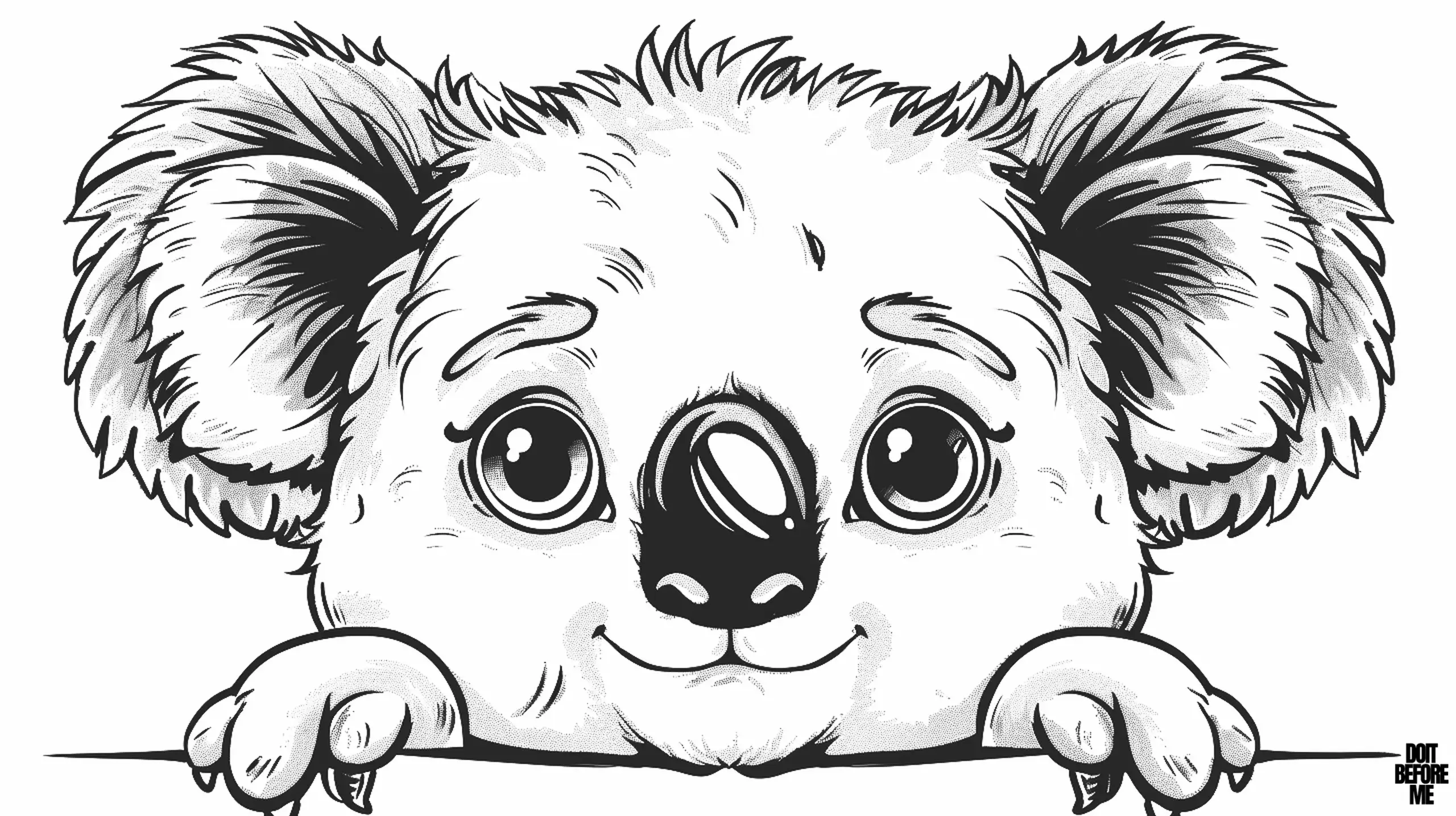 Printable cute koala coloring page, looking cutely up from the tree branch. It is ideal for adults who enjoy coloring koalas, and it also attracts the attention of children thanks to its cute design.